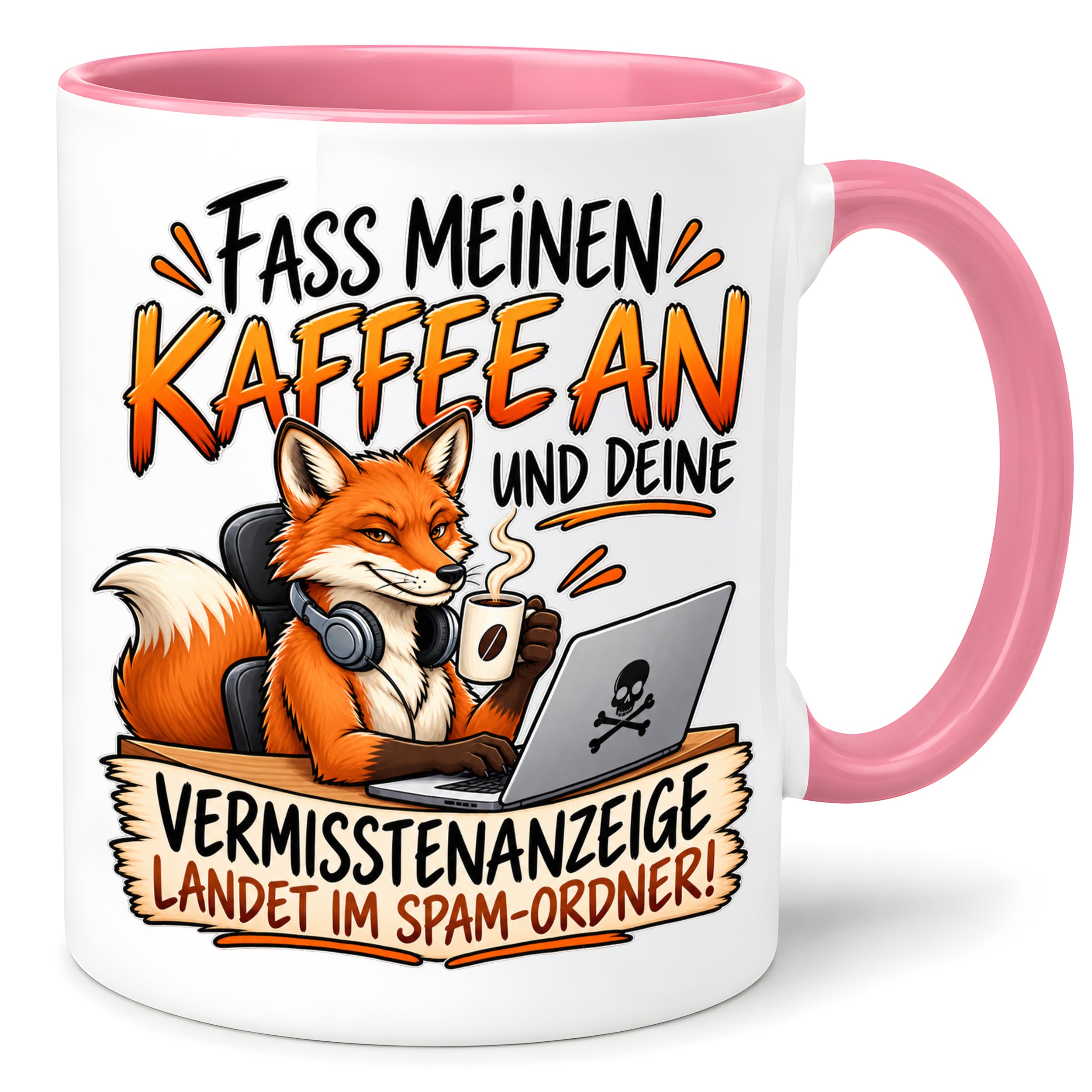 Herzbotschaft Fuchs Tasse – Fass meinen Kaffee an und deine Vermisstenanzeige landet im Spam-Ordner – Lustige Spruchtasse mit Fuchs – Geschenk für Kollegen, Freunde und Kaffeeliebhaber – 330 ml