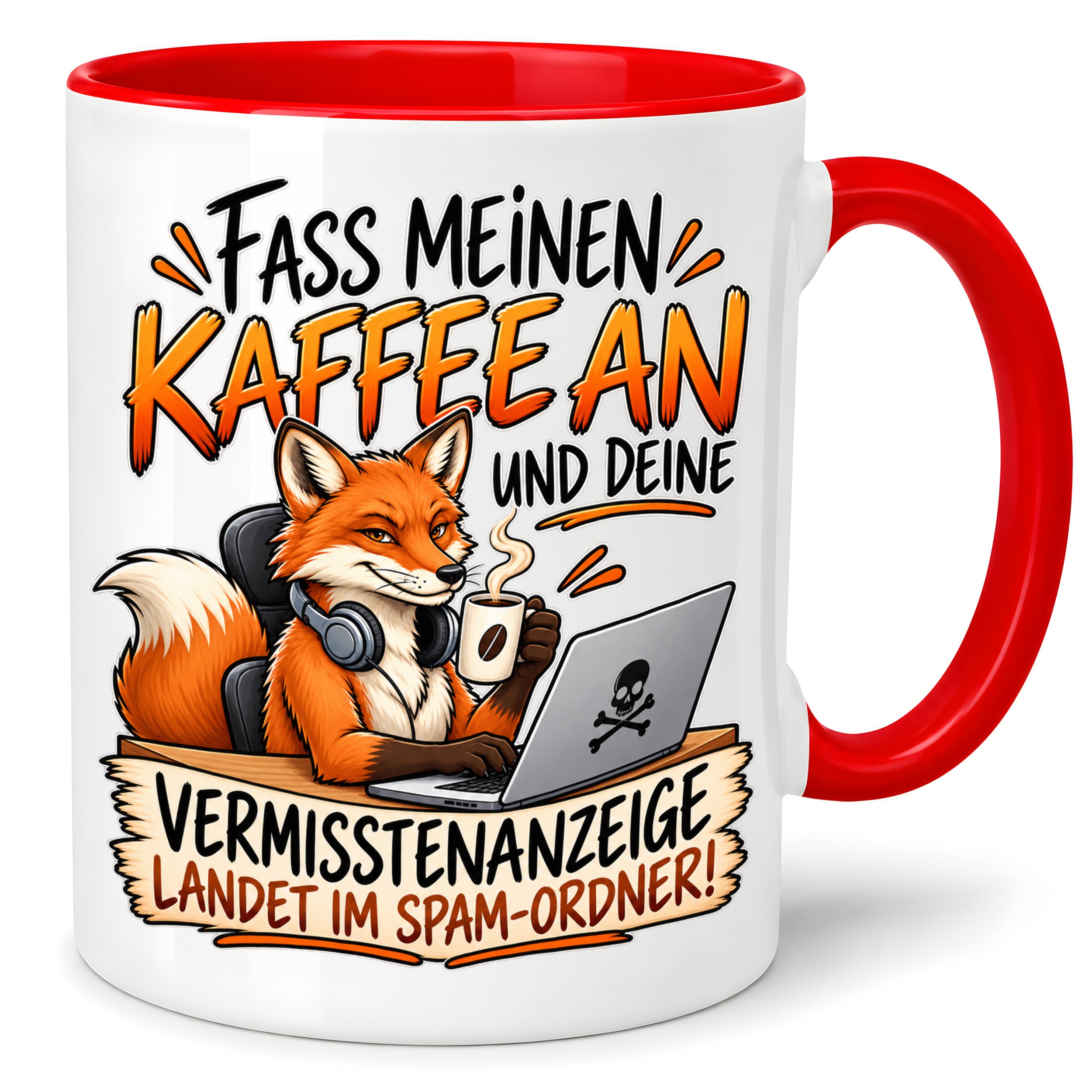 Herzbotschaft Fuchs Tasse – Fass meinen Kaffee an und deine Vermisstenanzeige landet im Spam-Ordner – Lustige Spruchtasse mit Fuchs – Geschenk für Kollegen, Freunde und Kaffeeliebhaber – 330 ml
