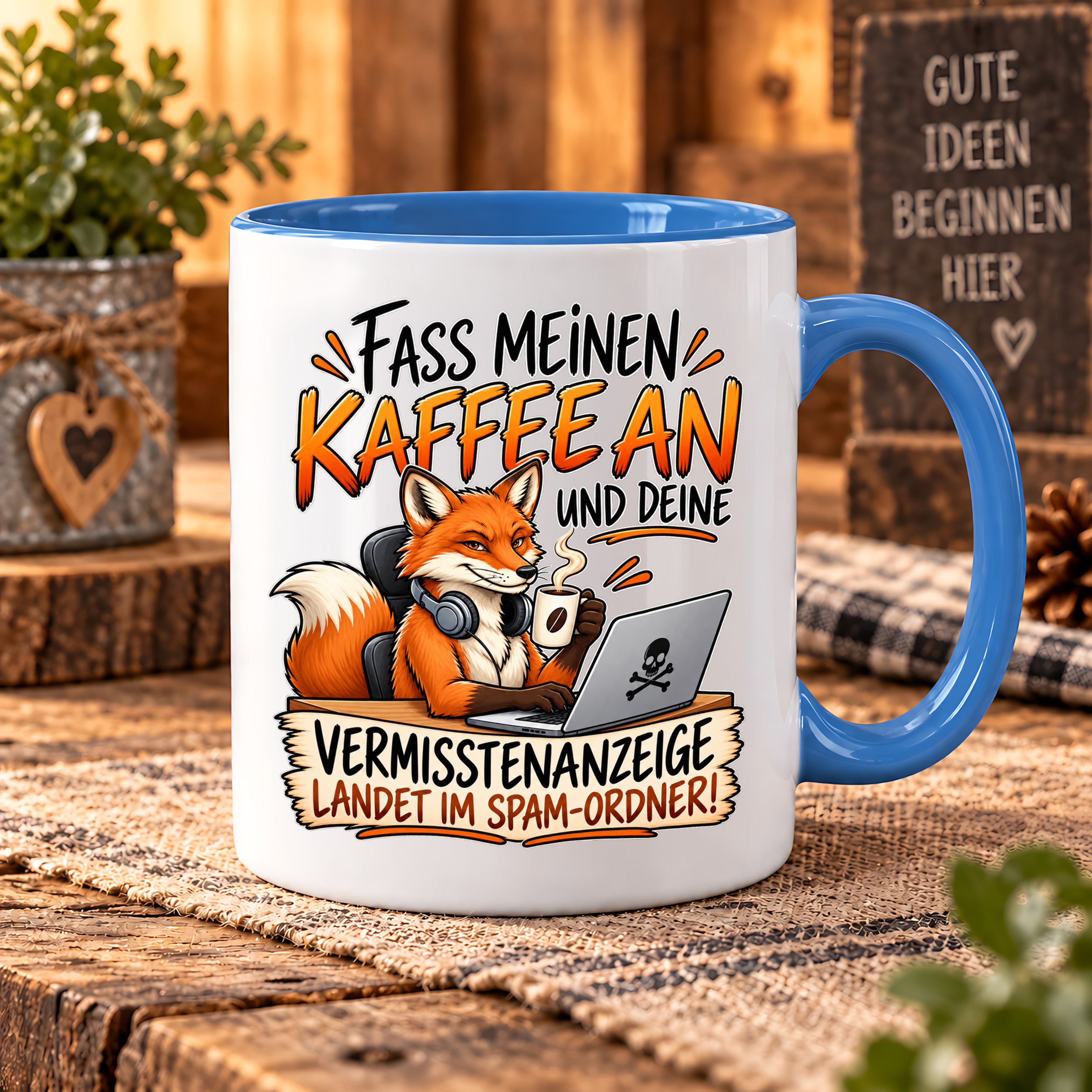 Herzbotschaft Fuchs Tasse – Fass meinen Kaffee an und deine Vermisstenanzeige landet im Spam-Ordner – Lustige Spruchtasse mit Fuchs – Geschenk für Kollegen, Freunde und Kaffeeliebhaber – 330 ml