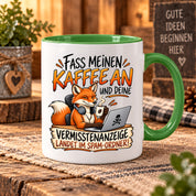 Herzbotschaft Fuchs Tasse – Fass meinen Kaffee an und deine Vermisstenanzeige landet im Spam-Ordner – Lustige Spruchtasse mit Fuchs – Geschenk für Kollegen, Freunde und Kaffeeliebhaber – 330 ml