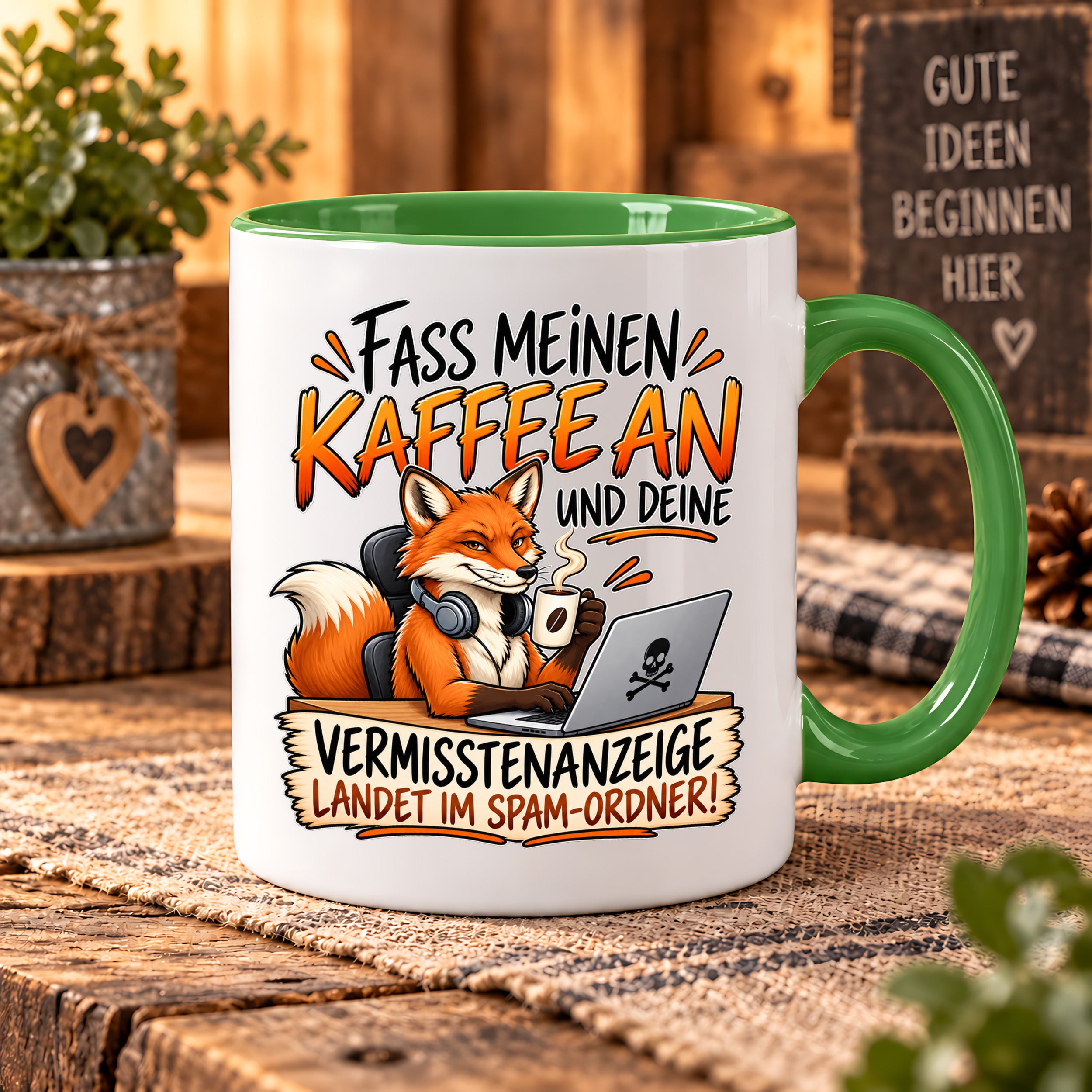 Herzbotschaft Fuchs Tasse – Fass meinen Kaffee an und deine Vermisstenanzeige landet im Spam-Ordner – Lustige Spruchtasse mit Fuchs – Geschenk für Kollegen, Freunde und Kaffeeliebhaber – 330 ml