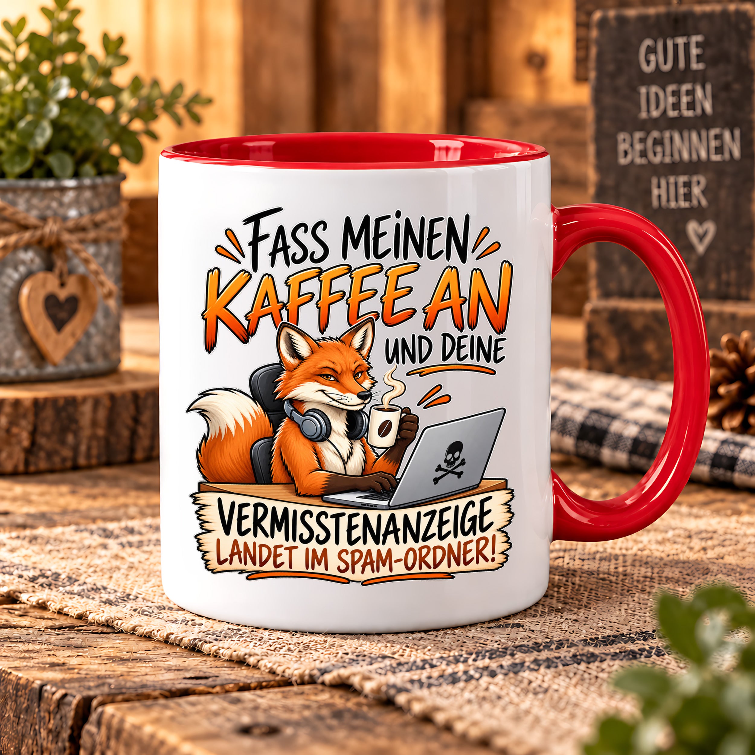 Herzbotschaft Fuchs Tasse – Fass meinen Kaffee an und deine Vermisstenanzeige landet im Spam-Ordner – Lustige Spruchtasse mit Fuchs – Geschenk für Kollegen, Freunde und Kaffeeliebhaber – 330 ml