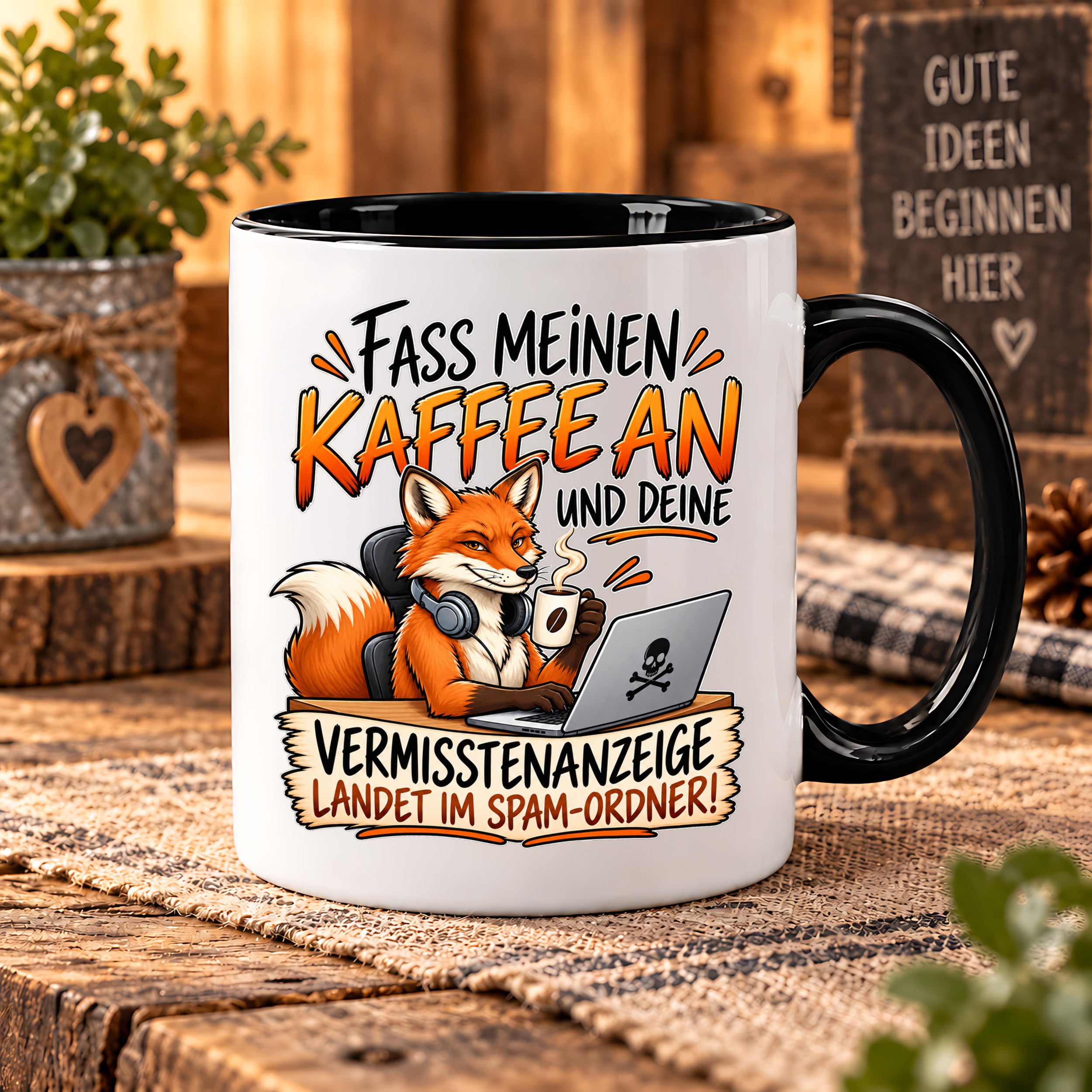 Herzbotschaft Fuchs Tasse – Fass meinen Kaffee an und deine Vermisstenanzeige landet im Spam-Ordner – Lustige Spruchtasse mit Fuchs – Geschenk für Kollegen, Freunde und Kaffeeliebhaber – 330 ml