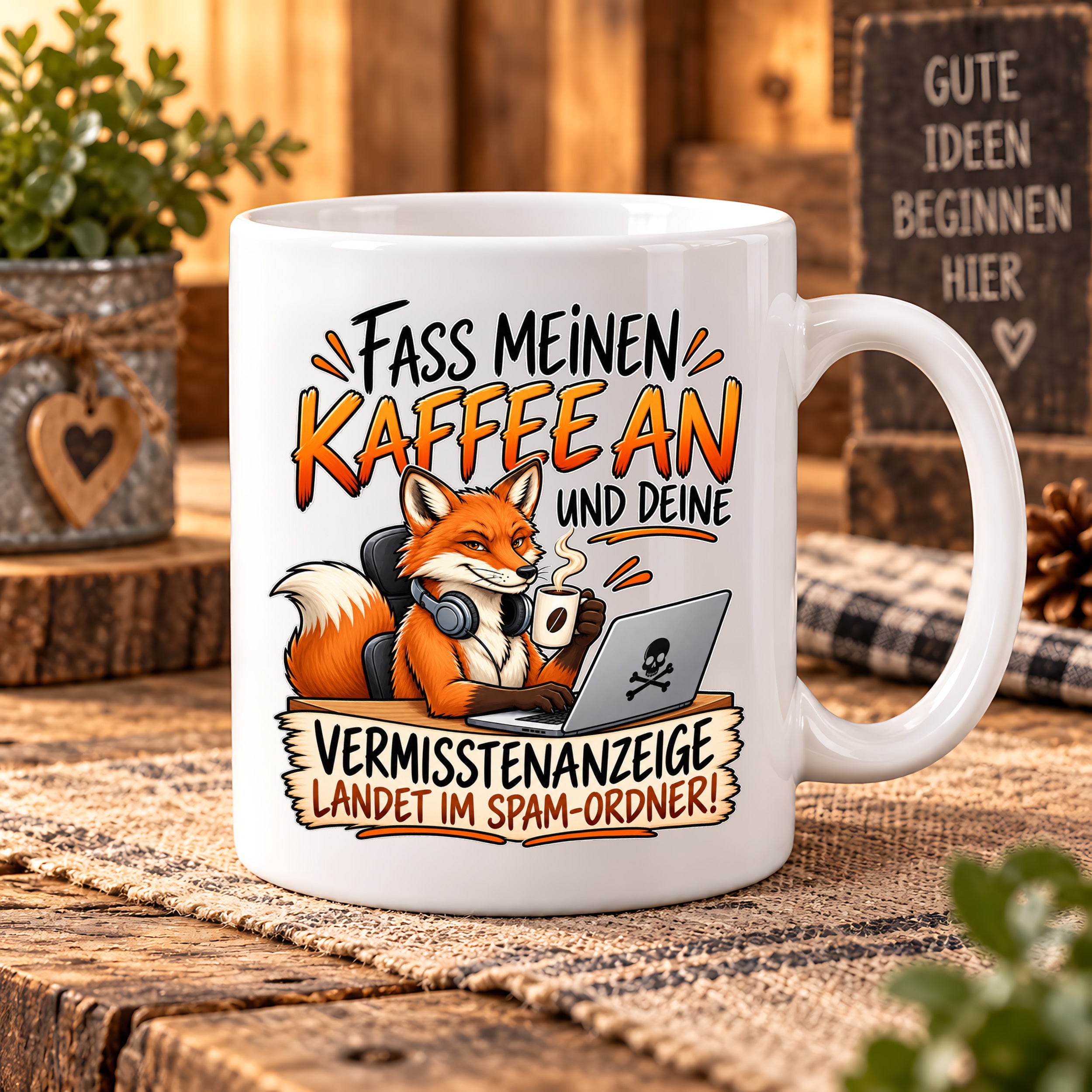 Herzbotschaft Fuchs Tasse – Fass meinen Kaffee an und deine Vermisstenanzeige landet im Spam-Ordner – Lustige Spruchtasse mit Fuchs – Geschenk für Kollegen, Freunde und Kaffeeliebhaber – 330 ml