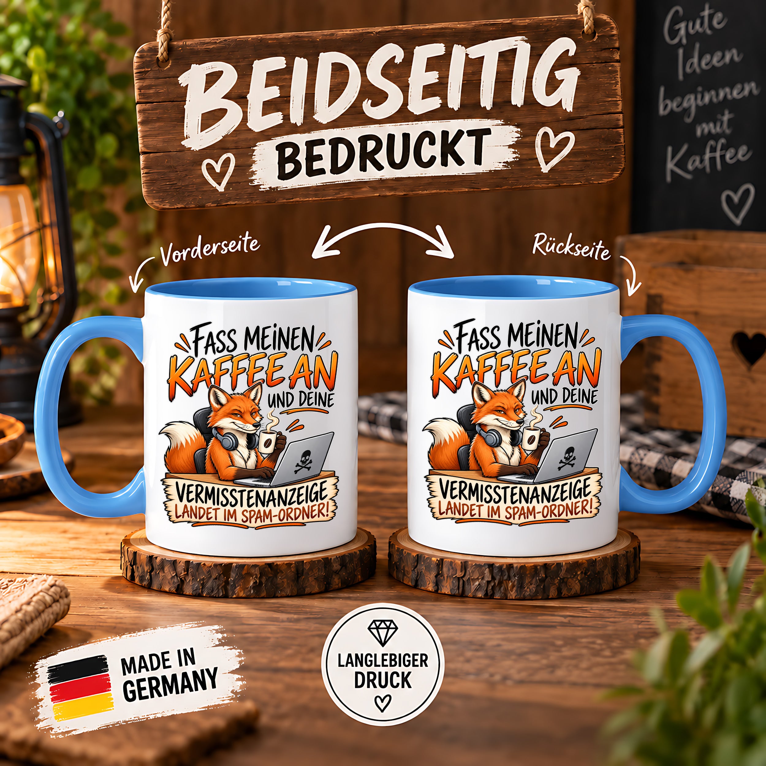 Herzbotschaft Fuchs Tasse – Fass meinen Kaffee an und deine Vermisstenanzeige landet im Spam-Ordner – Lustige Spruchtasse mit Fuchs – Geschenk für Kollegen, Freunde und Kaffeeliebhaber – 330 ml