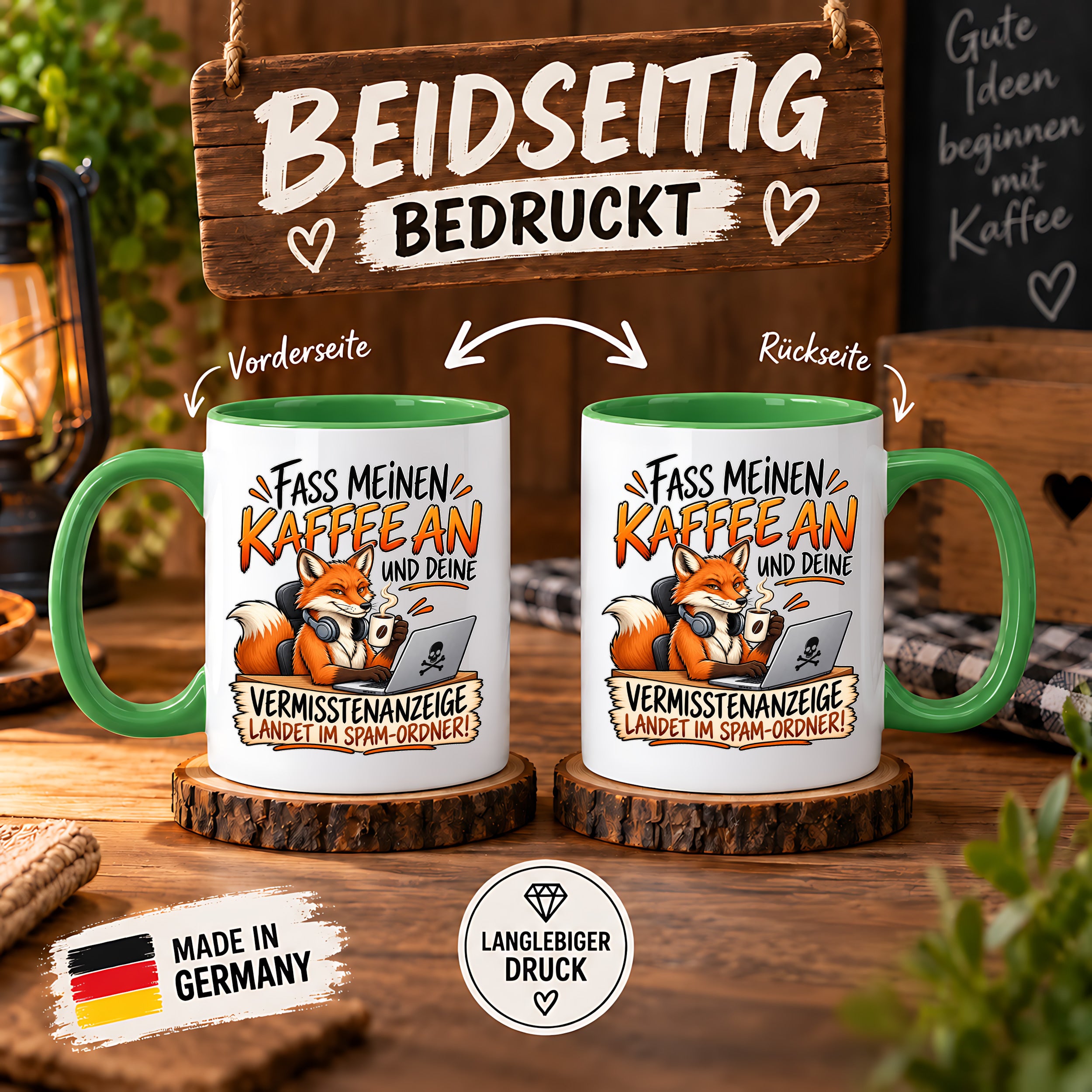 Herzbotschaft Fuchs Tasse – Fass meinen Kaffee an und deine Vermisstenanzeige landet im Spam-Ordner – Lustige Spruchtasse mit Fuchs – Geschenk für Kollegen, Freunde und Kaffeeliebhaber – 330 ml