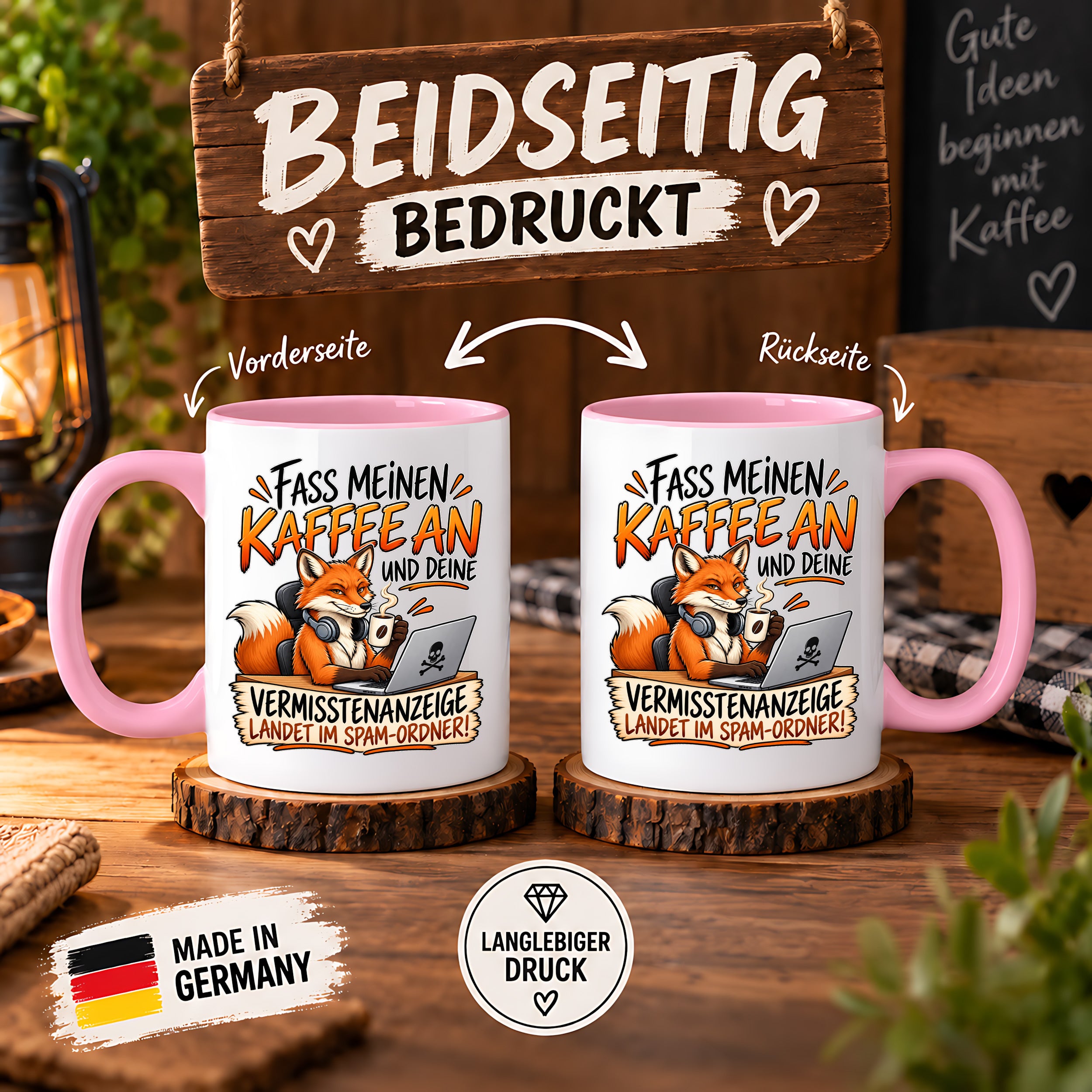 Herzbotschaft Fuchs Tasse – Fass meinen Kaffee an und deine Vermisstenanzeige landet im Spam-Ordner – Lustige Spruchtasse mit Fuchs – Geschenk für Kollegen, Freunde und Kaffeeliebhaber – 330 ml