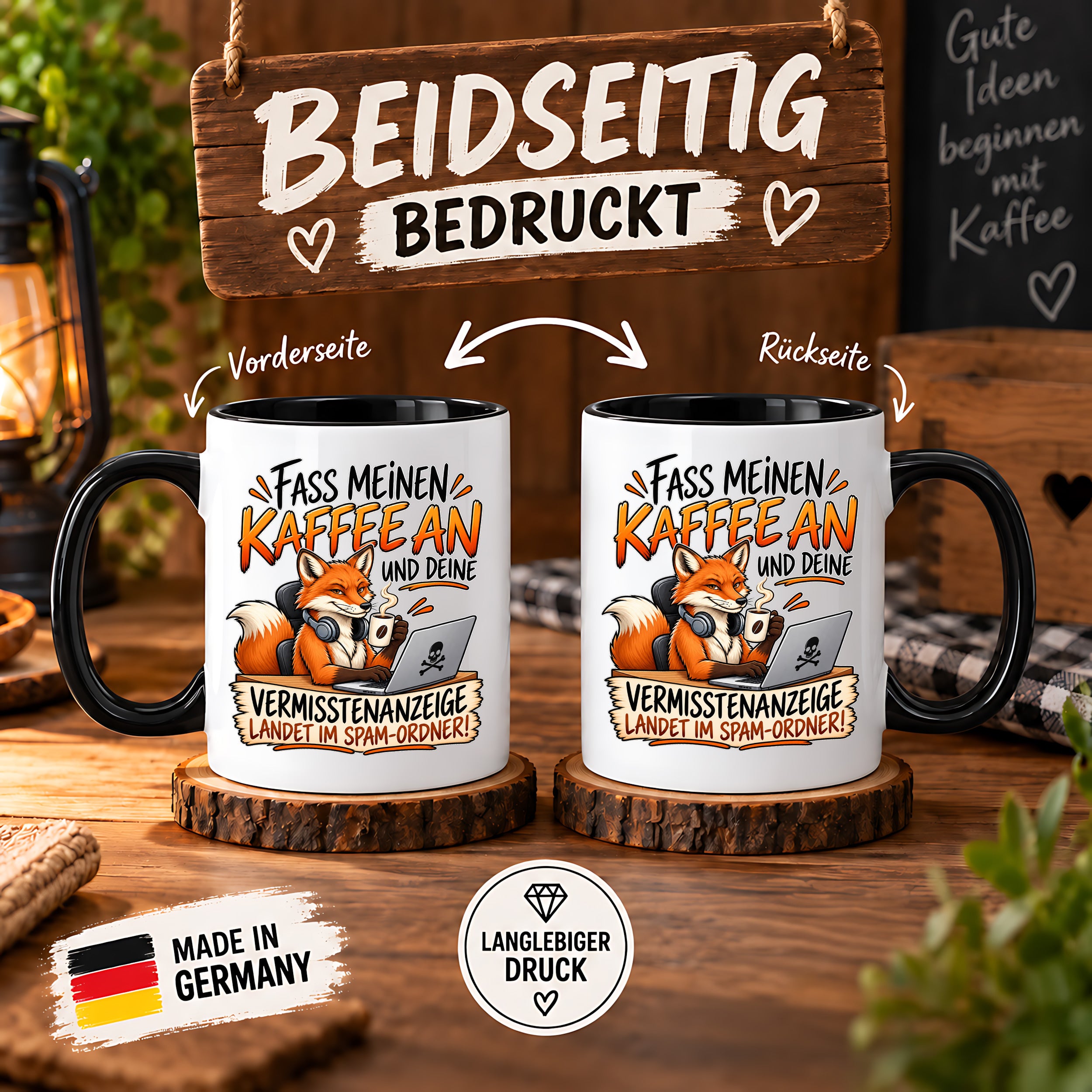 Herzbotschaft Fuchs Tasse – Fass meinen Kaffee an und deine Vermisstenanzeige landet im Spam-Ordner – Lustige Spruchtasse mit Fuchs – Geschenk für Kollegen, Freunde und Kaffeeliebhaber – 330 ml
