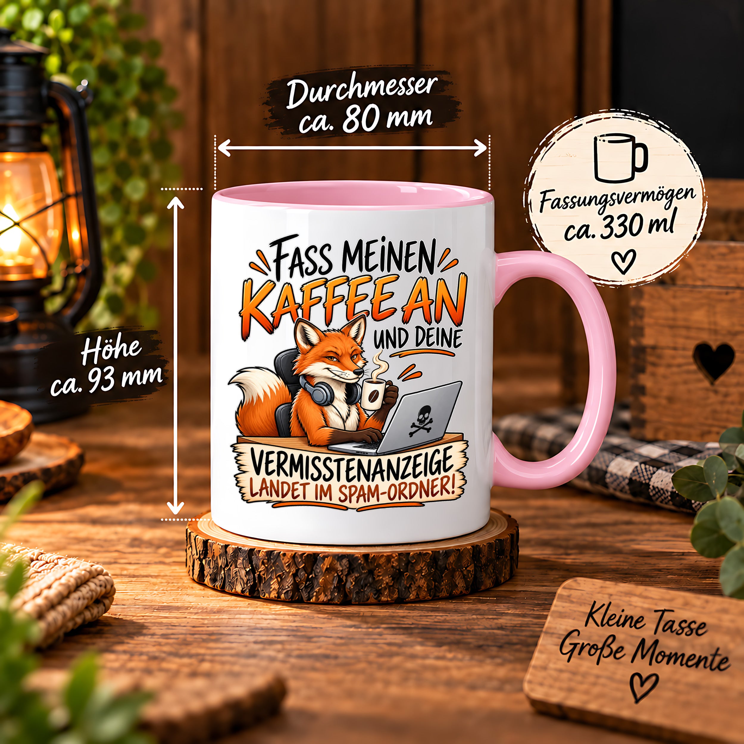 Herzbotschaft Fuchs Tasse – Fass meinen Kaffee an und deine Vermisstenanzeige landet im Spam-Ordner – Lustige Spruchtasse mit Fuchs – Geschenk für Kollegen, Freunde und Kaffeeliebhaber – 330 ml