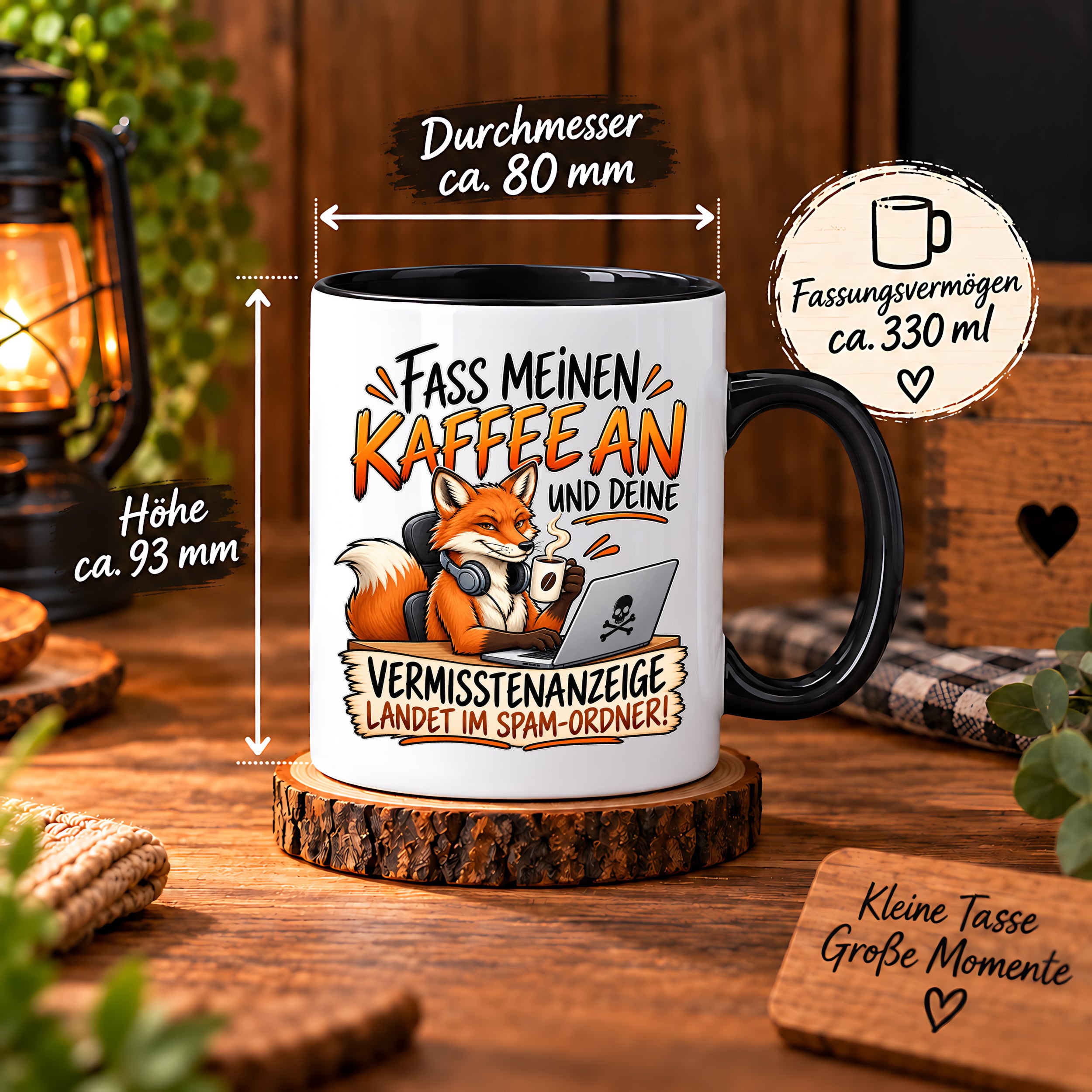 Herzbotschaft Fuchs Tasse – Fass meinen Kaffee an und deine Vermisstenanzeige landet im Spam-Ordner – Lustige Spruchtasse mit Fuchs – Geschenk für Kollegen, Freunde und Kaffeeliebhaber – 330 ml