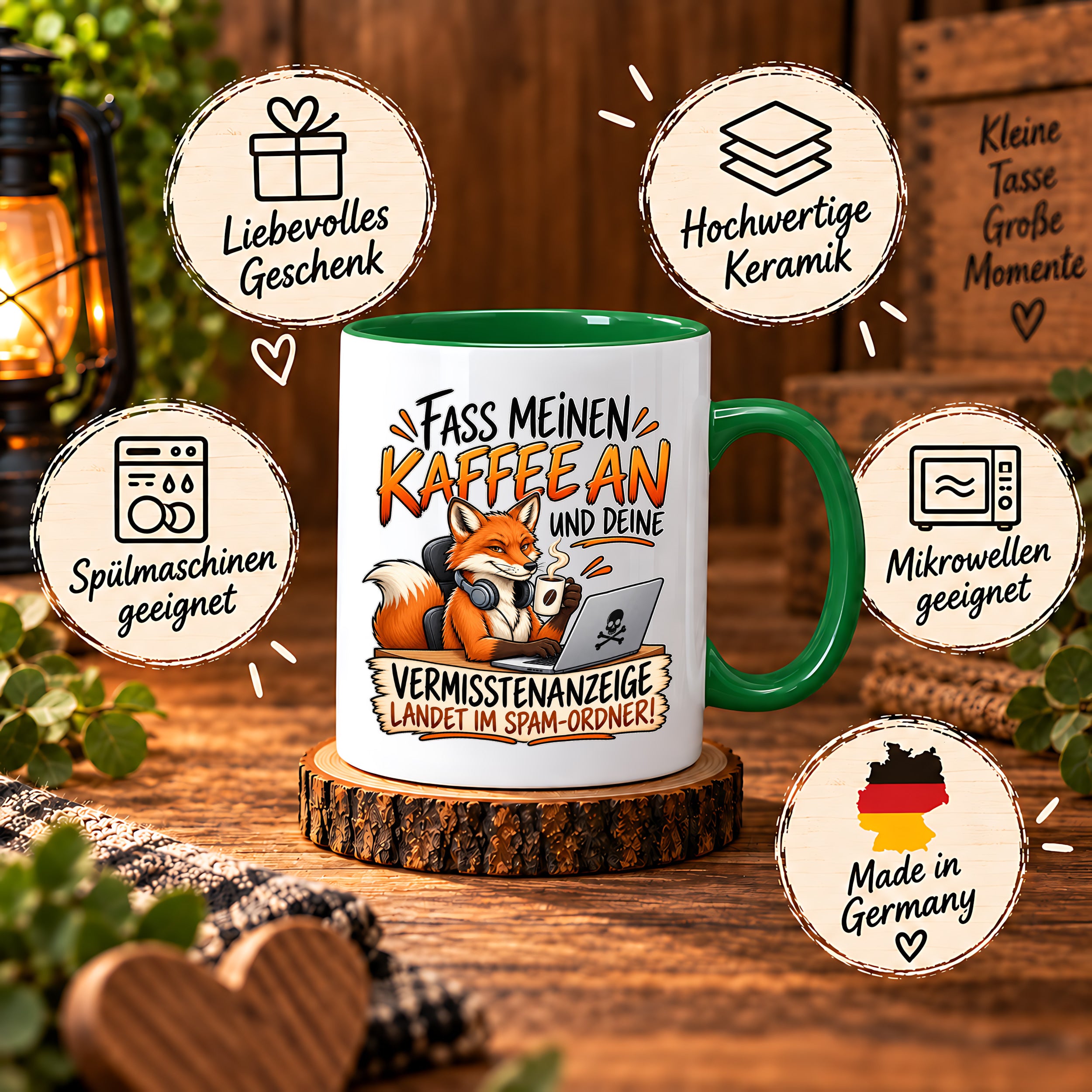 Herzbotschaft Fuchs Tasse – Fass meinen Kaffee an und deine Vermisstenanzeige landet im Spam-Ordner – Lustige Spruchtasse mit Fuchs – Geschenk für Kollegen, Freunde und Kaffeeliebhaber – 330 ml