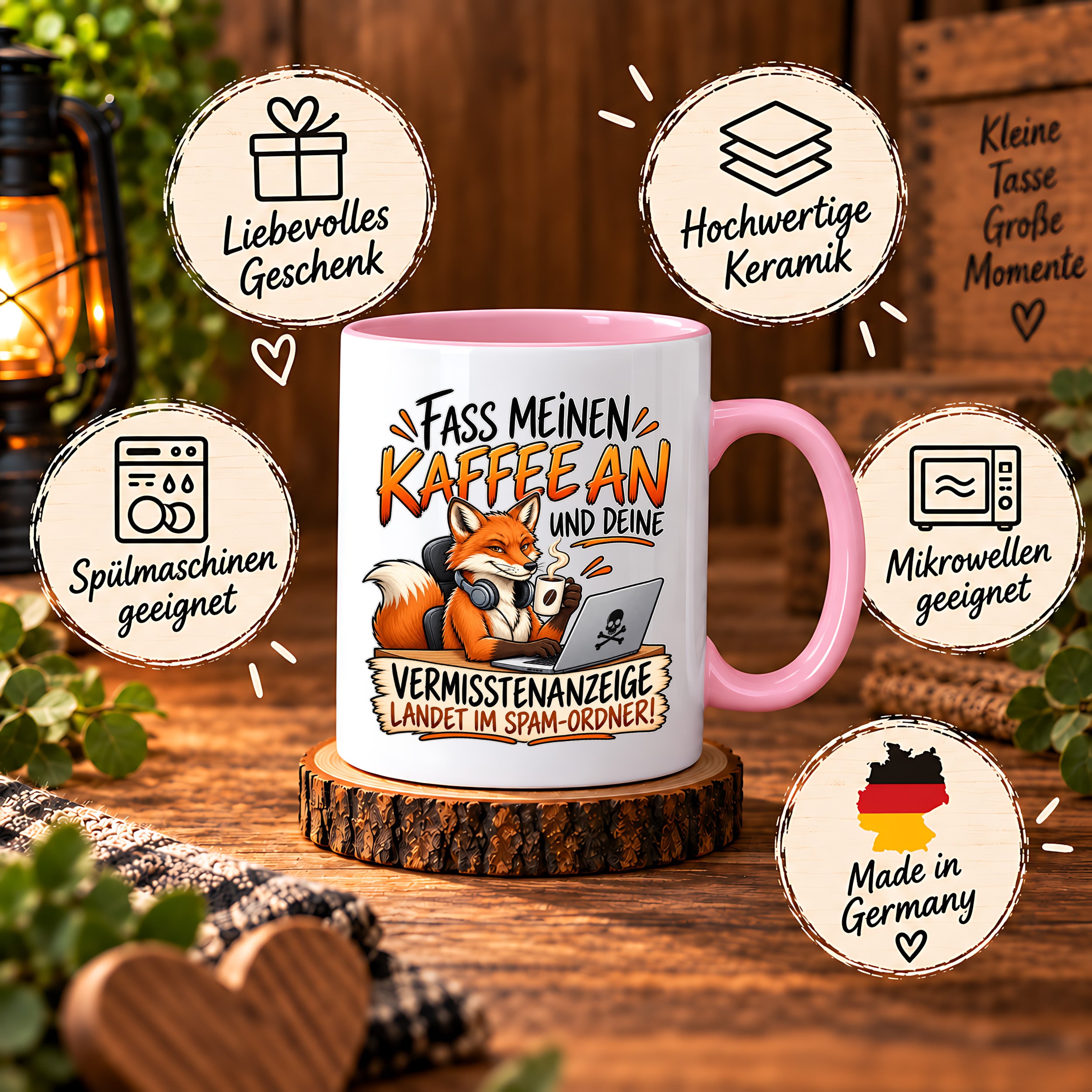 Herzbotschaft Fuchs Tasse – Fass meinen Kaffee an und deine Vermisstenanzeige landet im Spam-Ordner – Lustige Spruchtasse mit Fuchs – Geschenk für Kollegen, Freunde und Kaffeeliebhaber – 330 ml