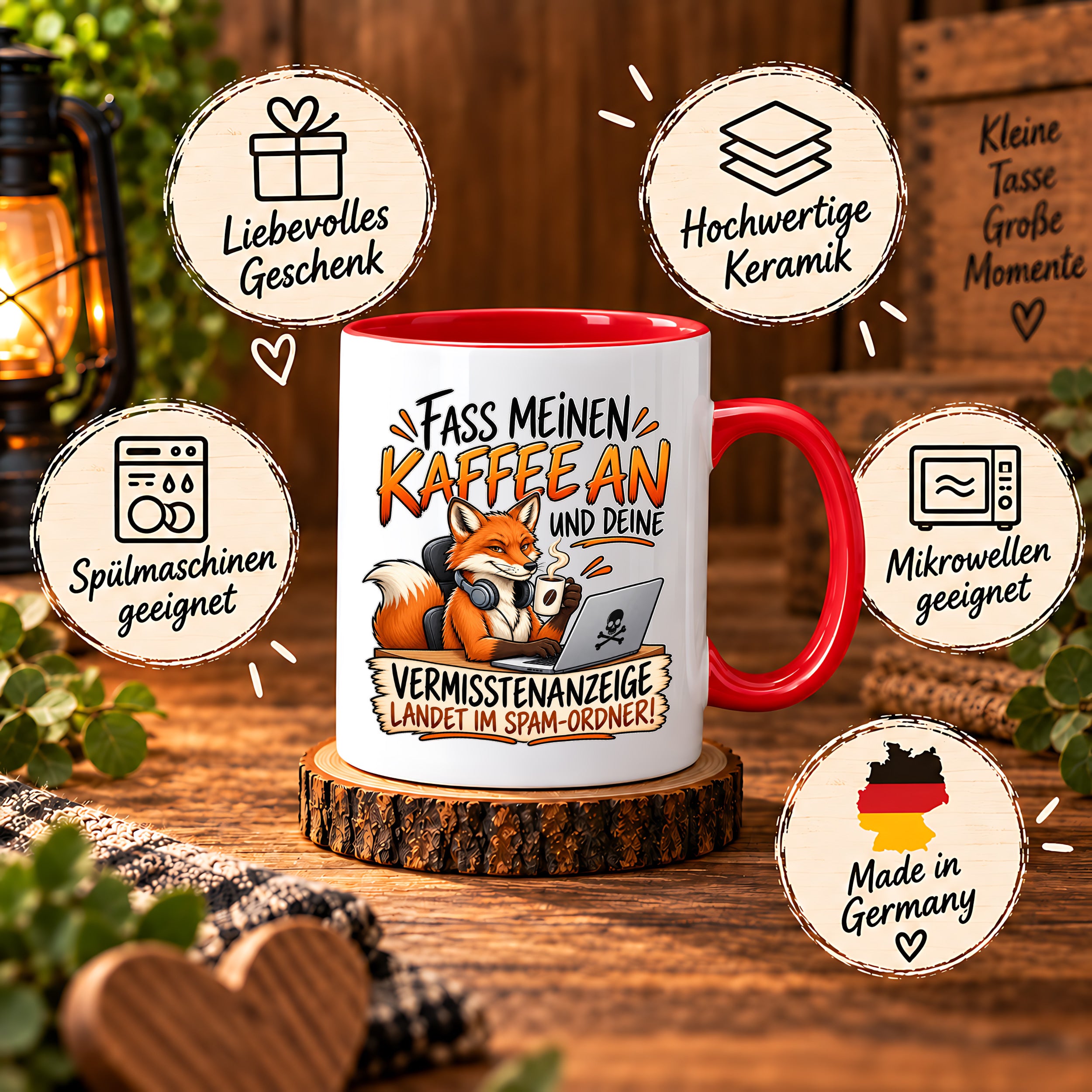 Herzbotschaft Fuchs Tasse – Fass meinen Kaffee an und deine Vermisstenanzeige landet im Spam-Ordner – Lustige Spruchtasse mit Fuchs – Geschenk für Kollegen, Freunde und Kaffeeliebhaber – 330 ml