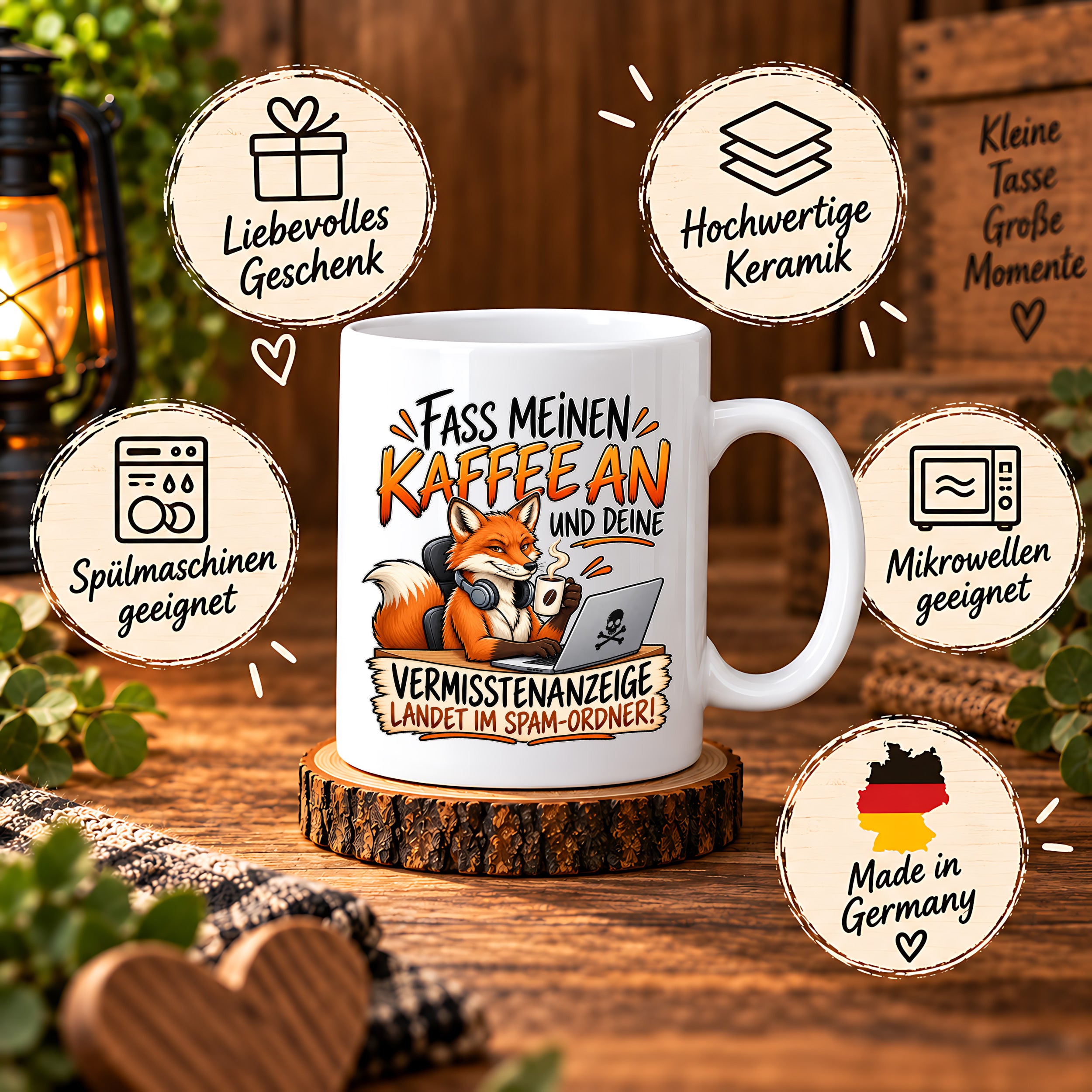 Herzbotschaft Fuchs Tasse – Fass meinen Kaffee an und deine Vermisstenanzeige landet im Spam-Ordner – Lustige Spruchtasse mit Fuchs – Geschenk für Kollegen, Freunde und Kaffeeliebhaber – 330 ml
