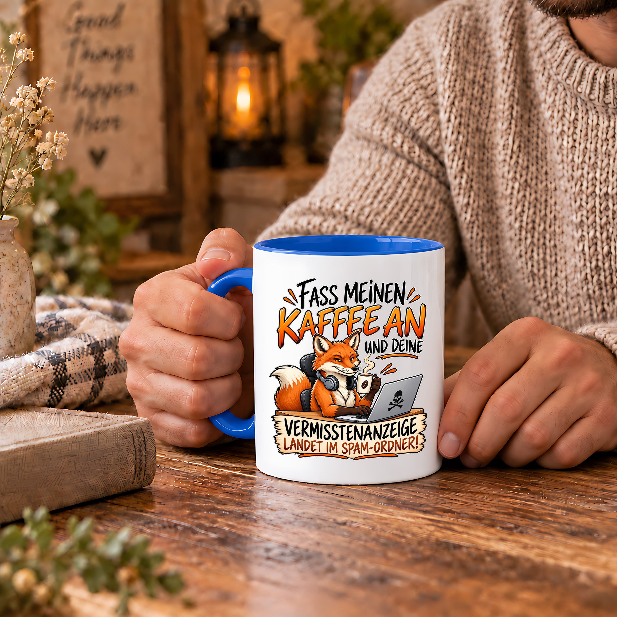 Herzbotschaft Fuchs Tasse – Fass meinen Kaffee an und deine Vermisstenanzeige landet im Spam-Ordner – Lustige Spruchtasse mit Fuchs – Geschenk für Kollegen, Freunde und Kaffeeliebhaber – 330 ml