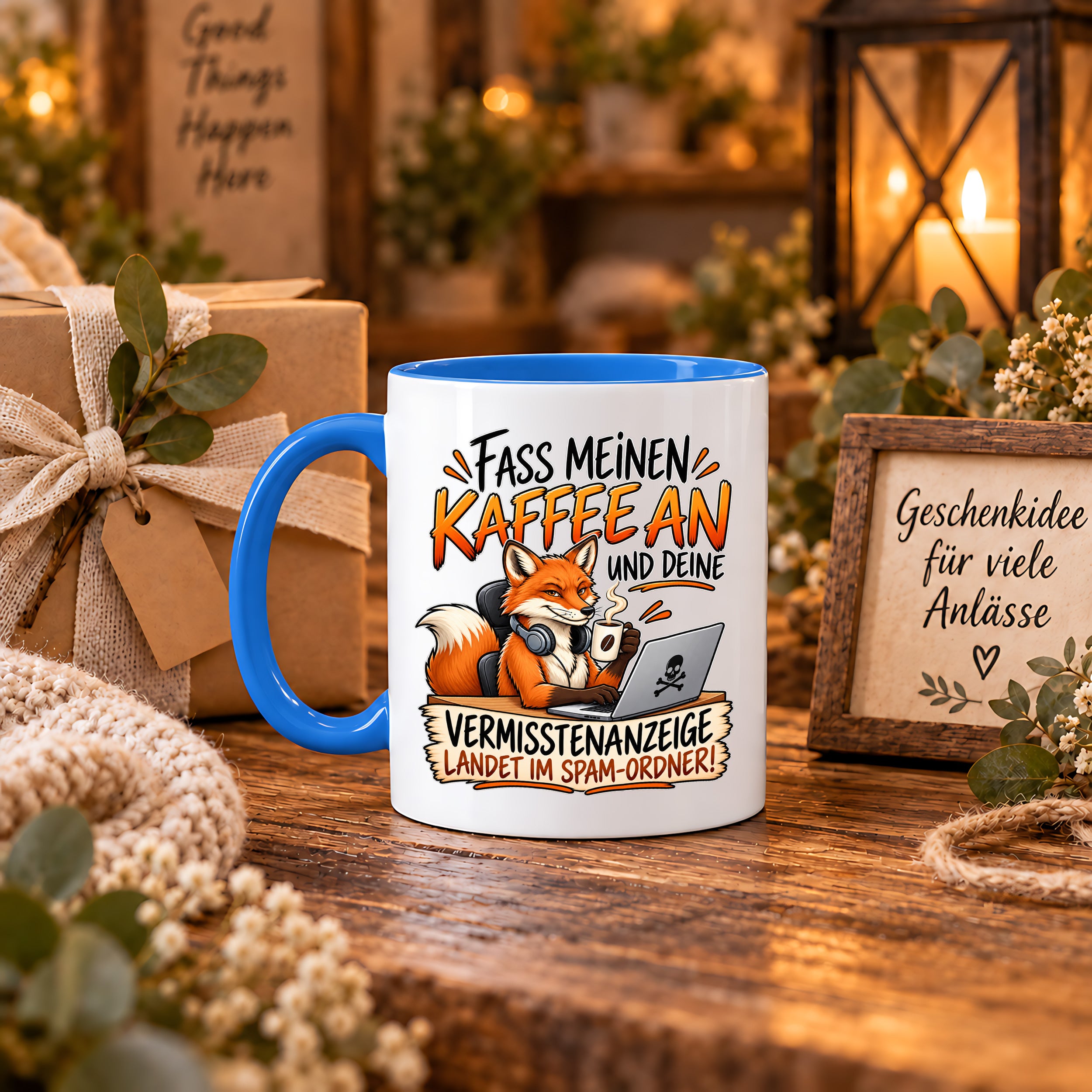Herzbotschaft Fuchs Tasse – Fass meinen Kaffee an und deine Vermisstenanzeige landet im Spam-Ordner – Lustige Spruchtasse mit Fuchs – Geschenk für Kollegen, Freunde und Kaffeeliebhaber – 330 ml