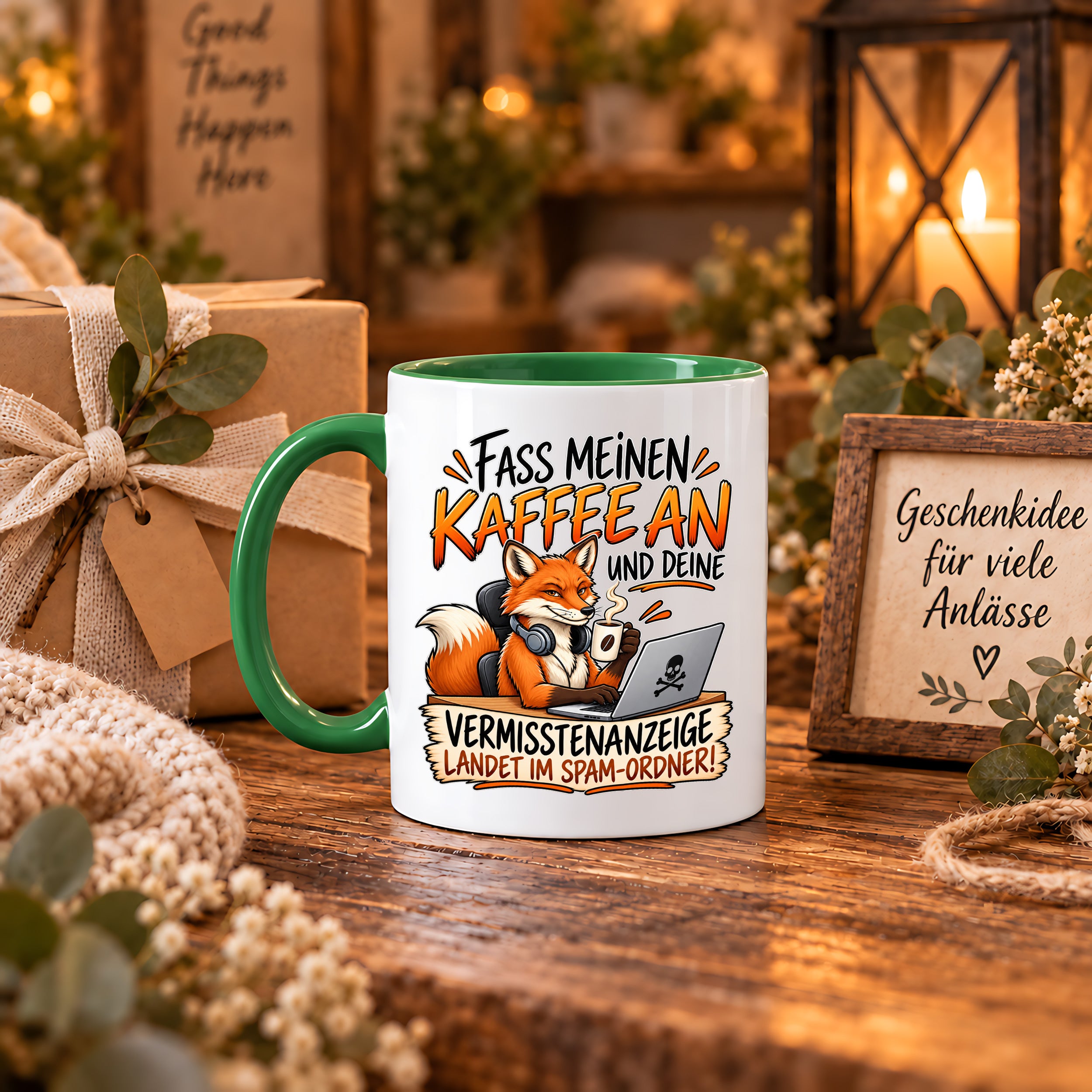 Herzbotschaft Fuchs Tasse – Fass meinen Kaffee an und deine Vermisstenanzeige landet im Spam-Ordner – Lustige Spruchtasse mit Fuchs – Geschenk für Kollegen, Freunde und Kaffeeliebhaber – 330 ml