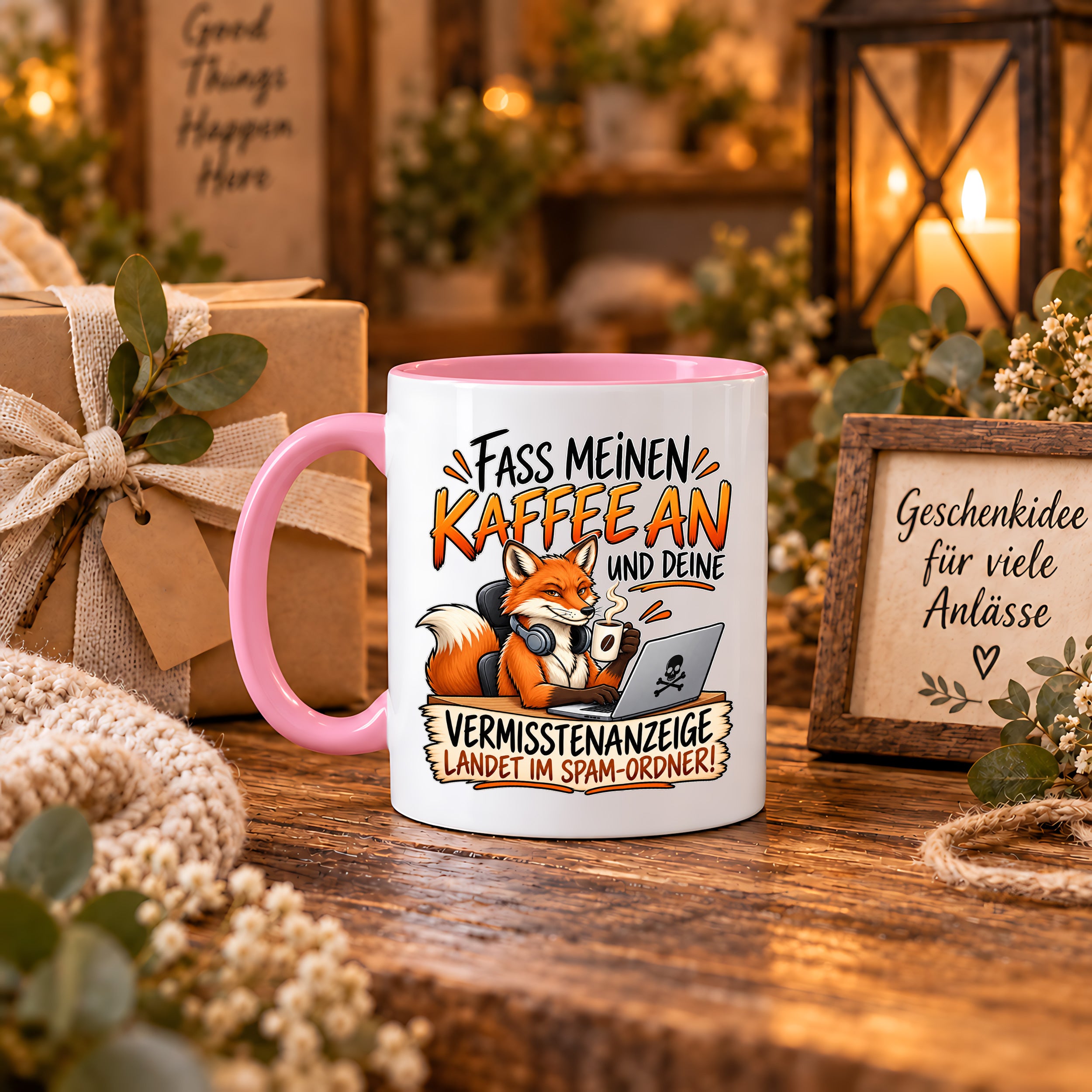 Herzbotschaft Fuchs Tasse – Fass meinen Kaffee an und deine Vermisstenanzeige landet im Spam-Ordner – Lustige Spruchtasse mit Fuchs – Geschenk für Kollegen, Freunde und Kaffeeliebhaber – 330 ml