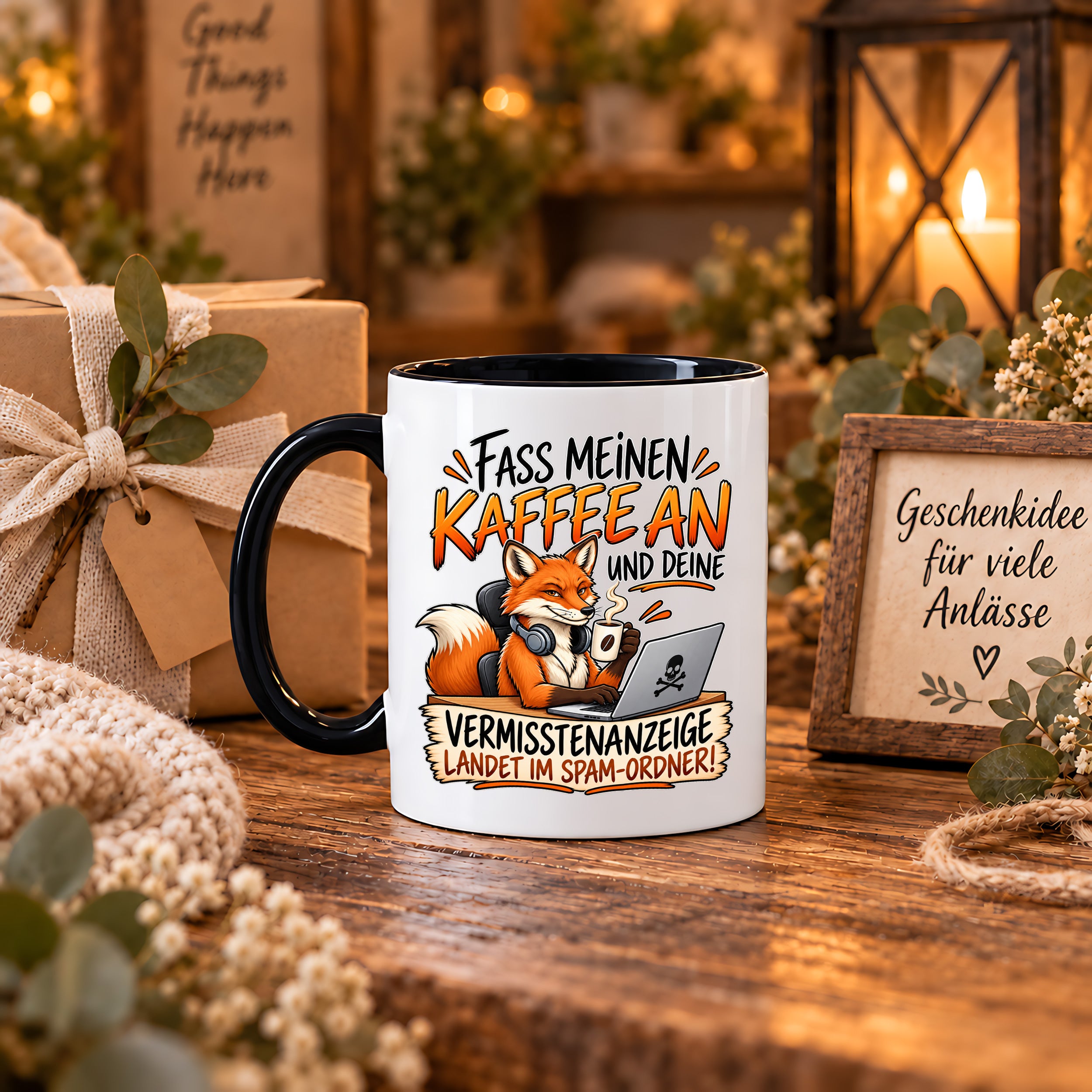Herzbotschaft Fuchs Tasse – Fass meinen Kaffee an und deine Vermisstenanzeige landet im Spam-Ordner – Lustige Spruchtasse mit Fuchs – Geschenk für Kollegen, Freunde und Kaffeeliebhaber – 330 ml