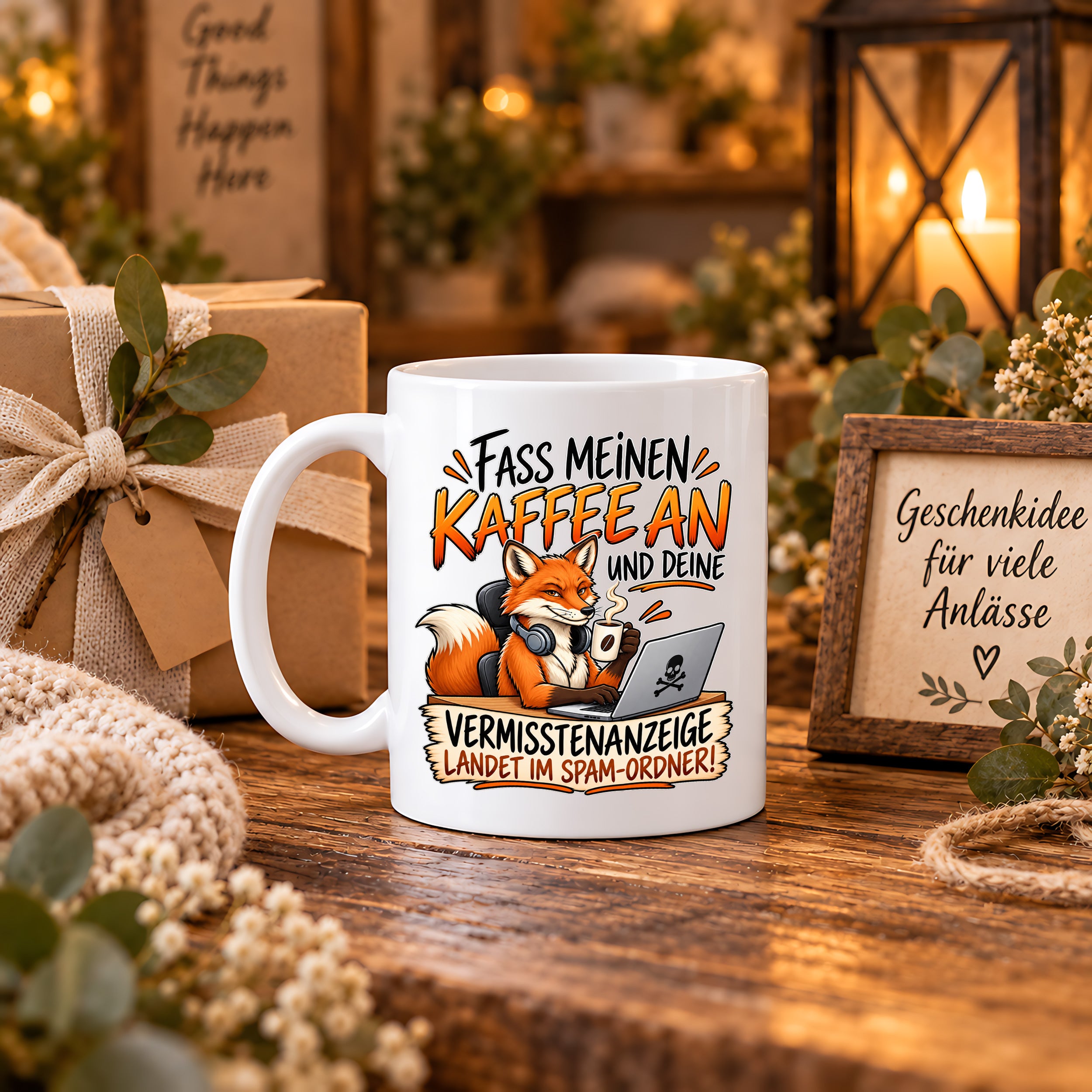 Herzbotschaft Fuchs Tasse – Fass meinen Kaffee an und deine Vermisstenanzeige landet im Spam-Ordner – Lustige Spruchtasse mit Fuchs – Geschenk für Kollegen, Freunde und Kaffeeliebhaber – 330 ml