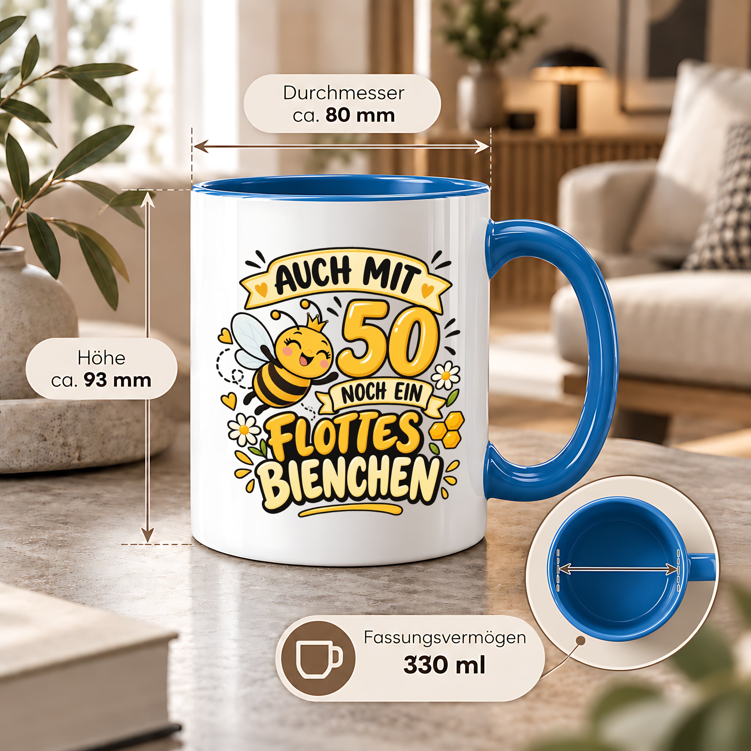 Tasse 50 Geburtstag Flottes Bienchen lustiges Geschenk für Frauen Biene Kaffeetasse Geburtstag Mama Freundin Schwester 330 ml
