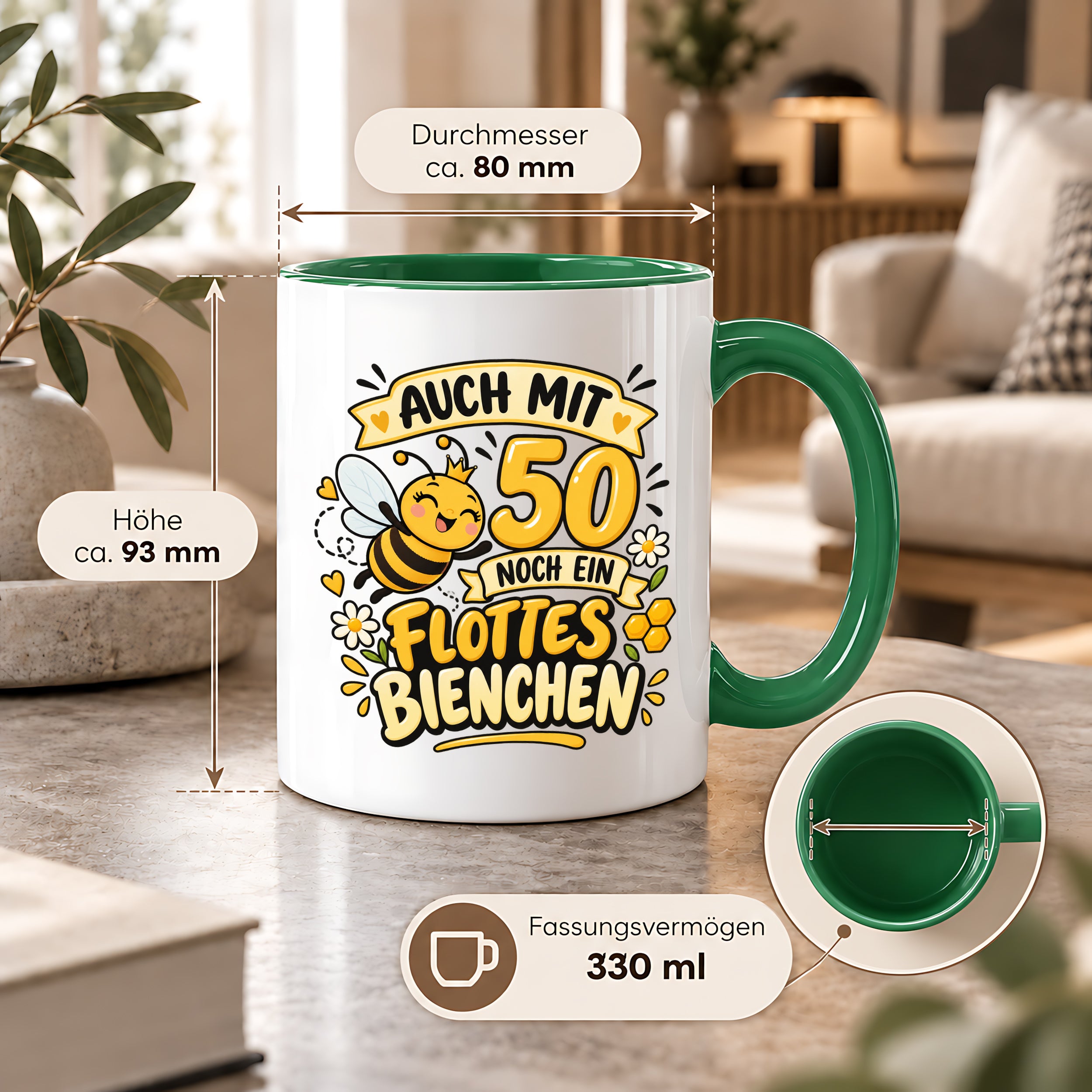 Tasse 50 Geburtstag Flottes Bienchen lustiges Geschenk für Frauen Biene Kaffeetasse Geburtstag Mama Freundin Schwester 330 ml