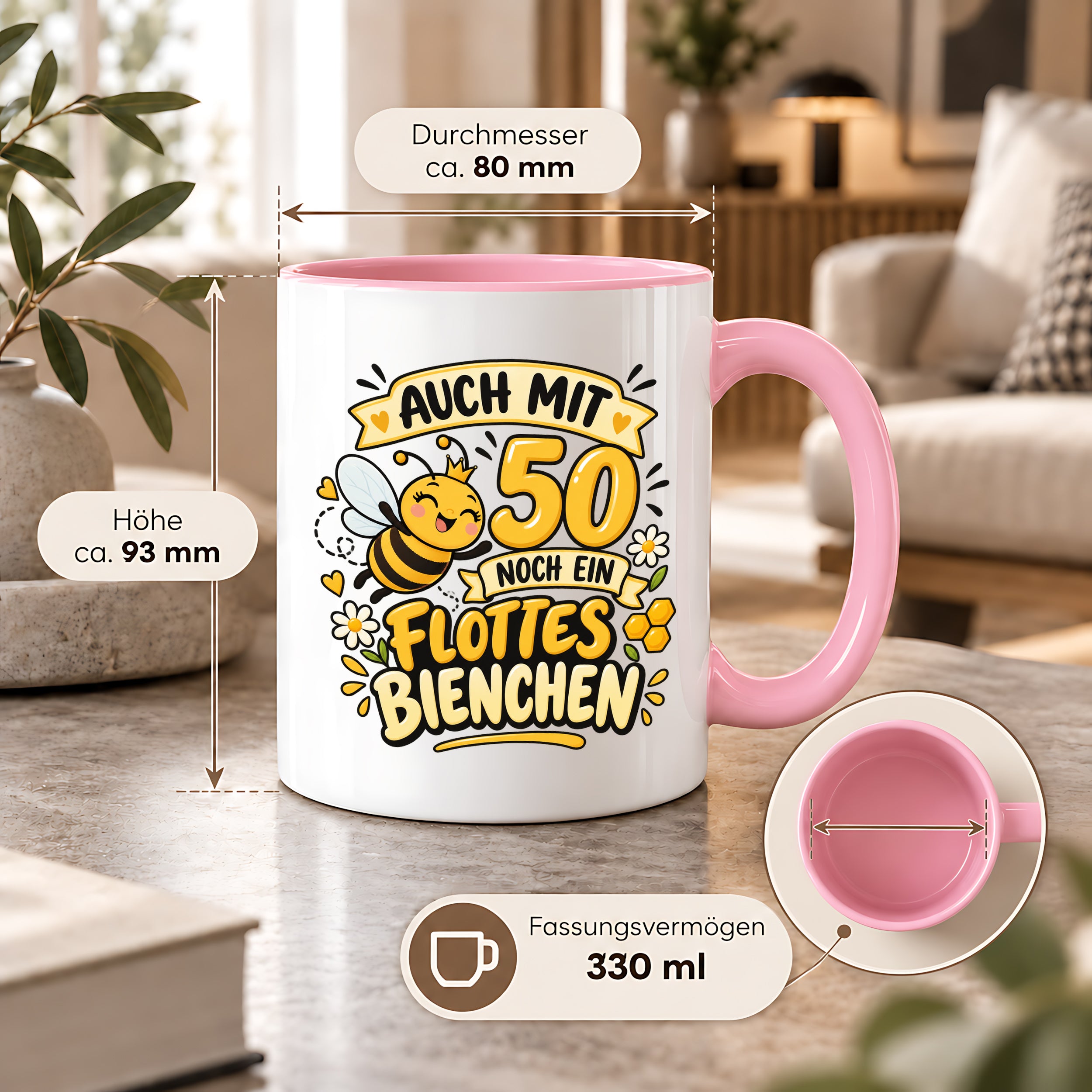 Tasse 50 Geburtstag Flottes Bienchen lustiges Geschenk für Frauen Biene Kaffeetasse Geburtstag Mama Freundin Schwester 330 ml