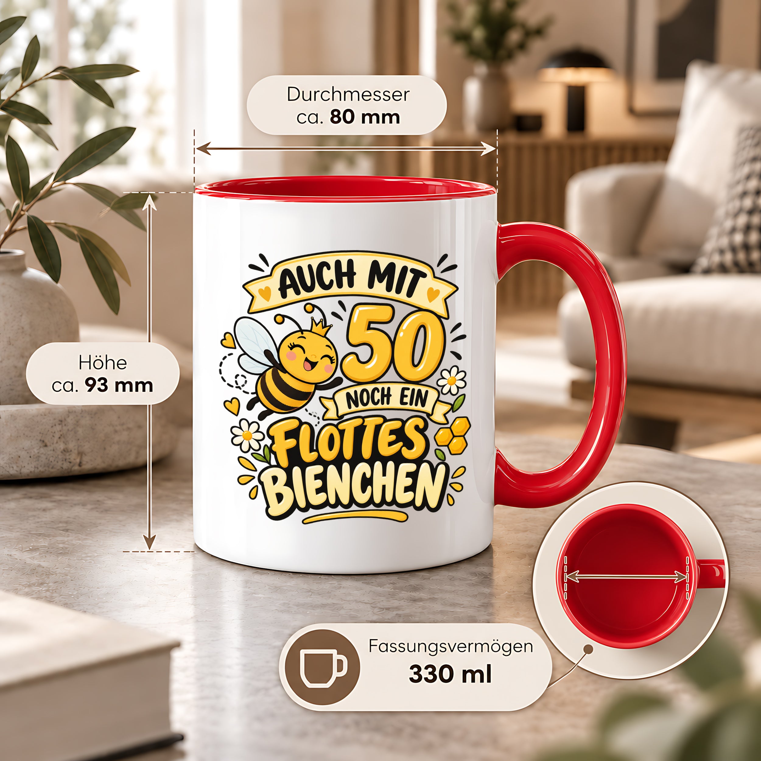 Tasse 50 Geburtstag Flottes Bienchen lustiges Geschenk für Frauen Biene Kaffeetasse Geburtstag Mama Freundin Schwester 330 ml