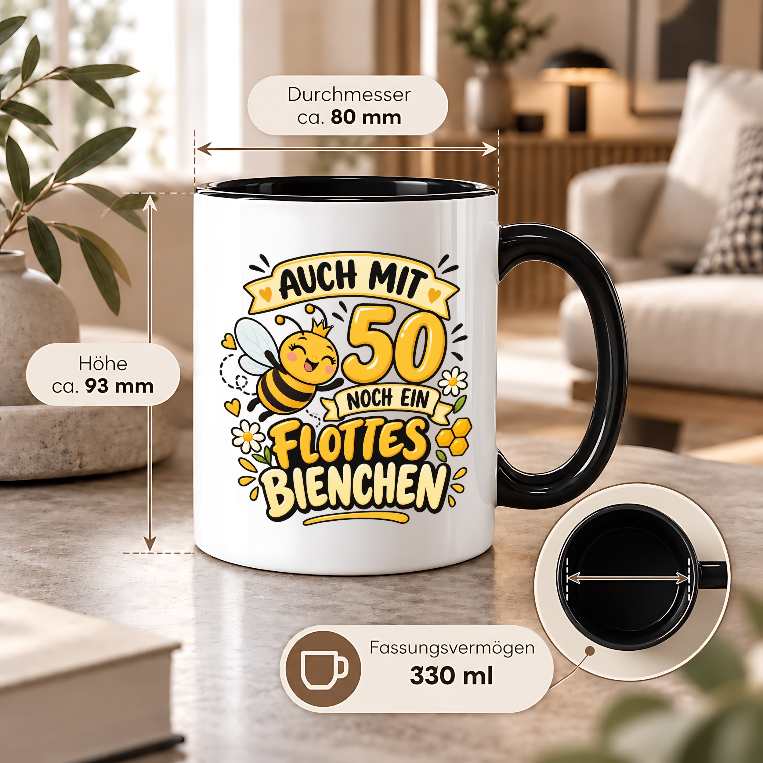 Tasse 50 Geburtstag Flottes Bienchen lustiges Geschenk für Frauen Biene Kaffeetasse Geburtstag Mama Freundin Schwester 330 ml