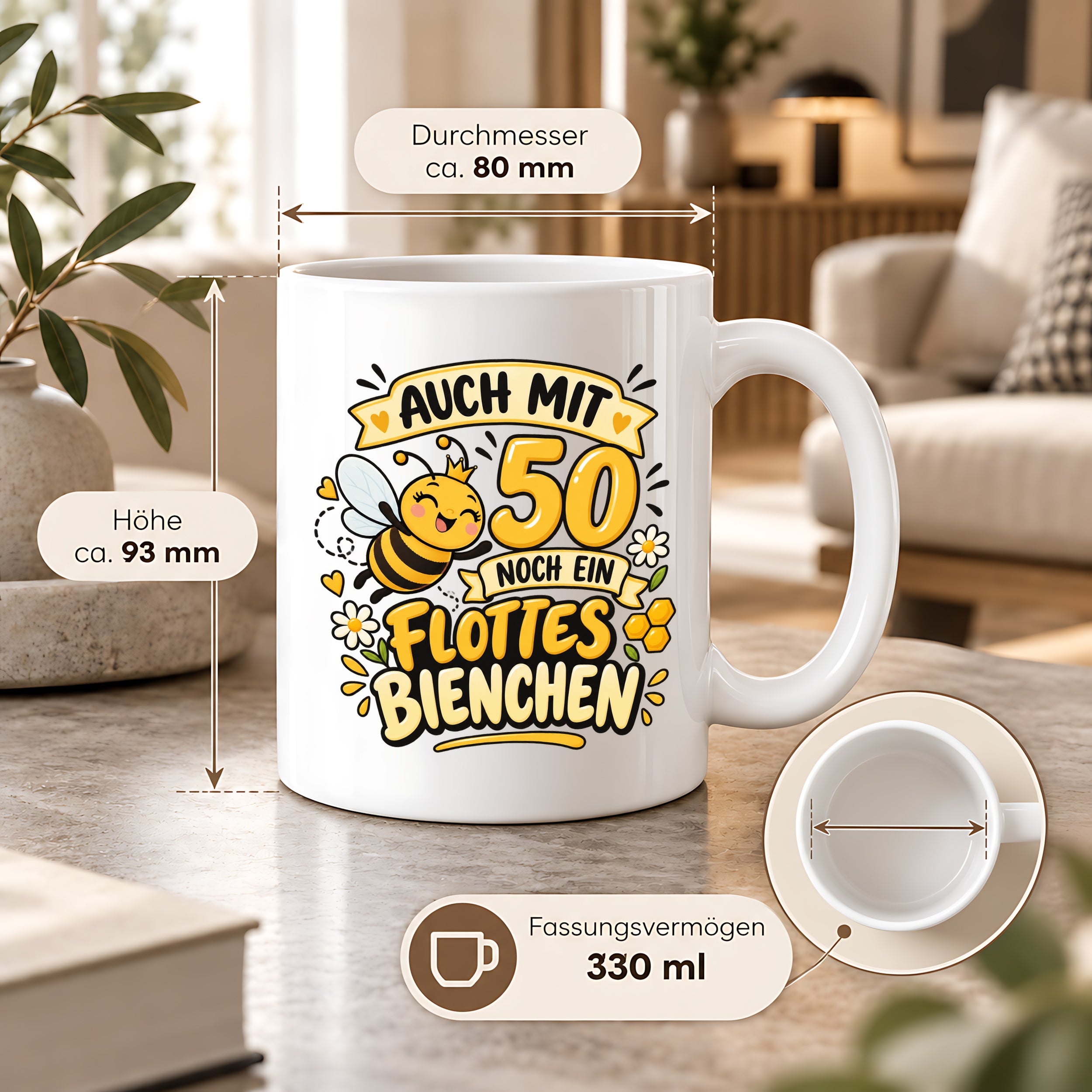 Tasse 50 Geburtstag Flottes Bienchen lustiges Geschenk für Frauen Biene Kaffeetasse Geburtstag Mama Freundin Schwester 330 ml