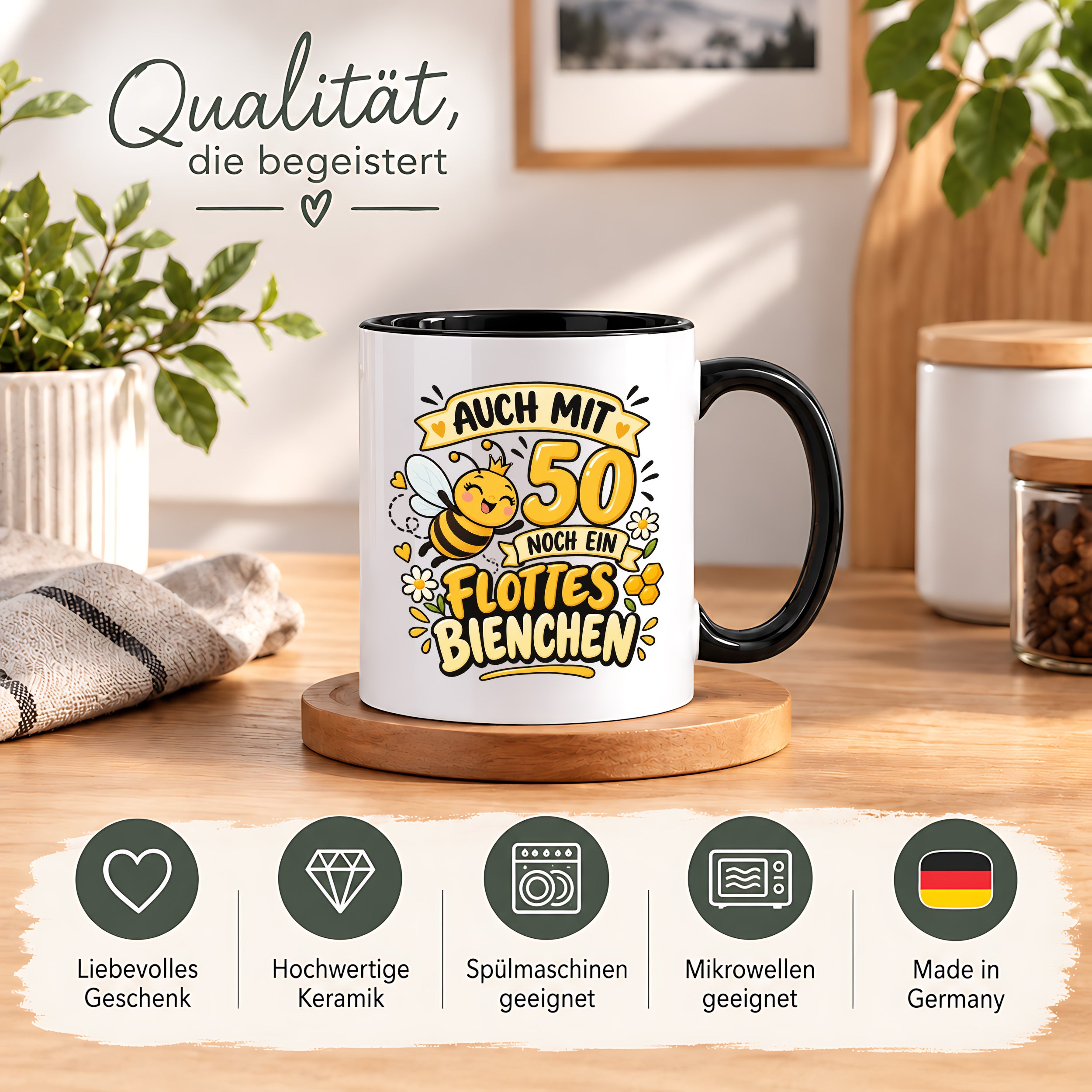 Tasse 50 Geburtstag Flottes Bienchen lustiges Geschenk für Frauen Biene Kaffeetasse Geburtstag Mama Freundin Schwester 330 ml