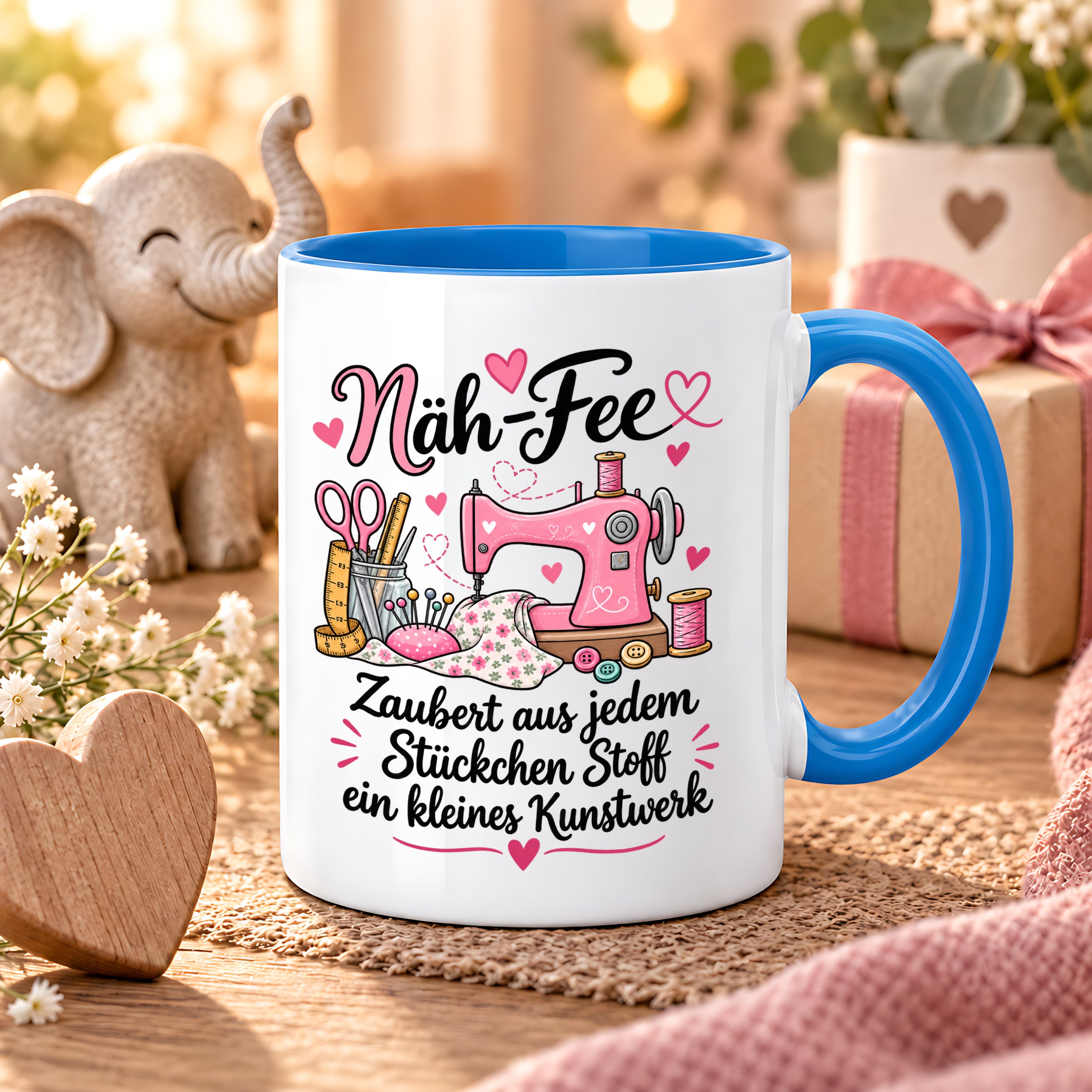 Näh-Fee Tasse Nähen Geschenk 330 ml Keramiktasse für Näherin Schneiderin Hobby Nähen Geburtstag Weihnachten