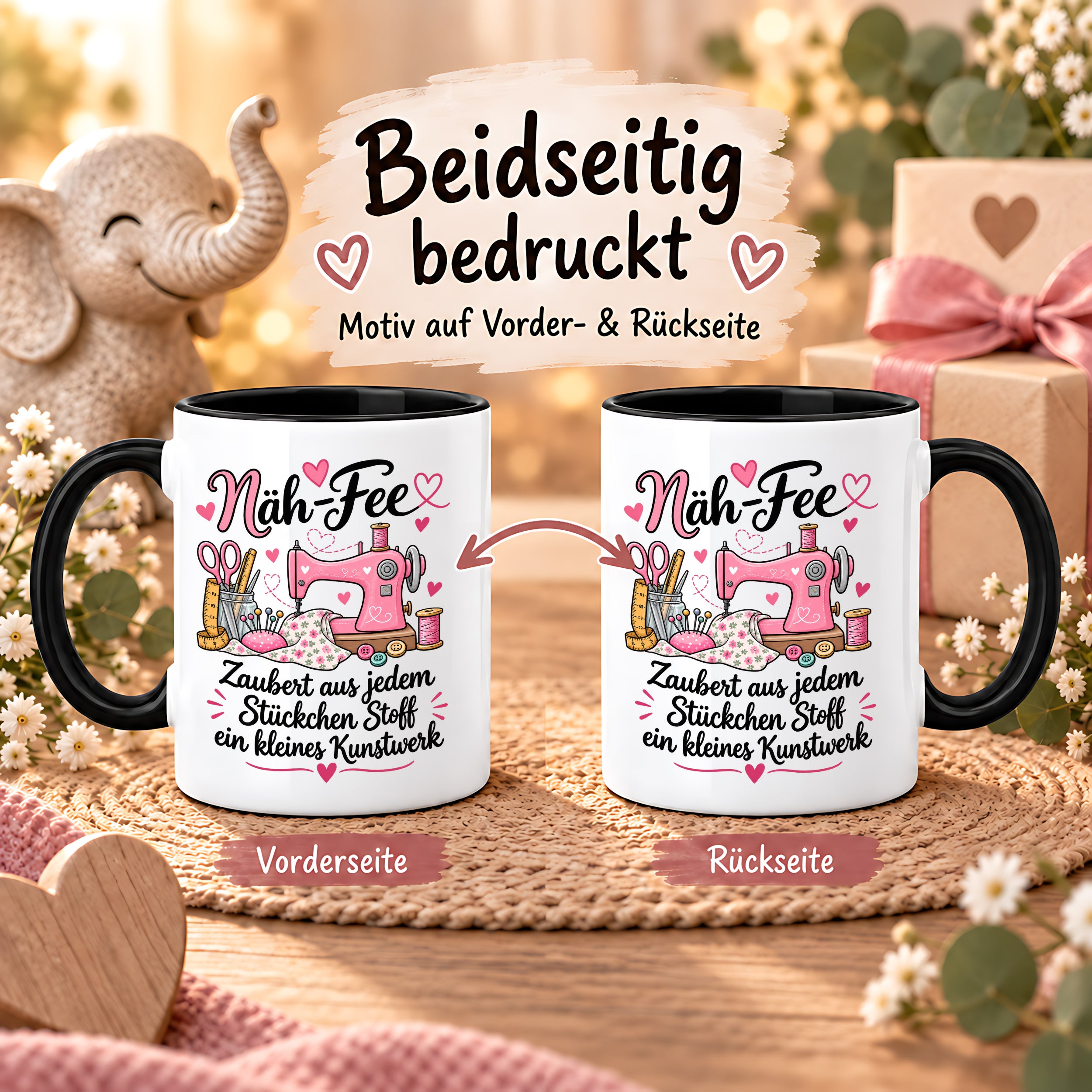Näh-Fee Tasse Nähen Geschenk 330 ml Keramiktasse für Näherin Schneiderin Hobby Nähen Geburtstag Weihnachten
