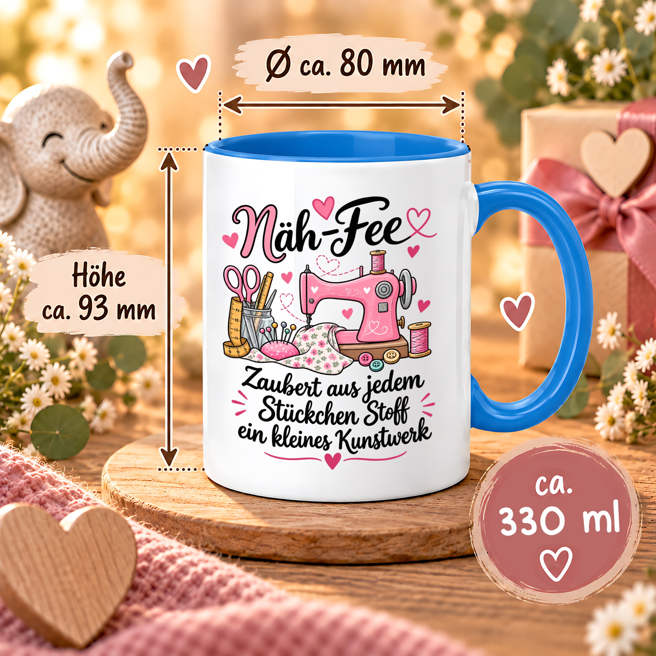Näh-Fee Tasse Nähen Geschenk 330 ml Keramiktasse für Näherin Schneiderin Hobby Nähen Geburtstag Weihnachten