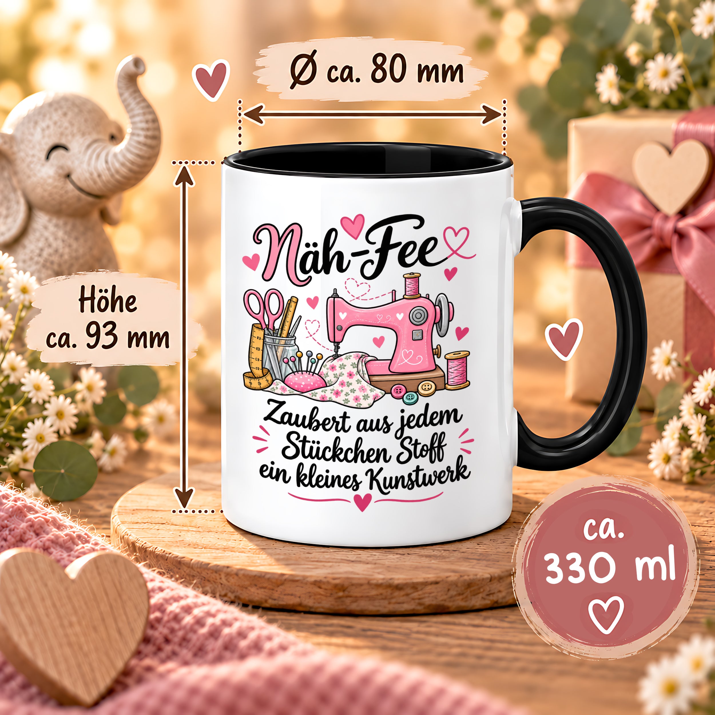 Näh-Fee Tasse Nähen Geschenk 330 ml Keramiktasse für Näherin Schneiderin Hobby Nähen Geburtstag Weihnachten