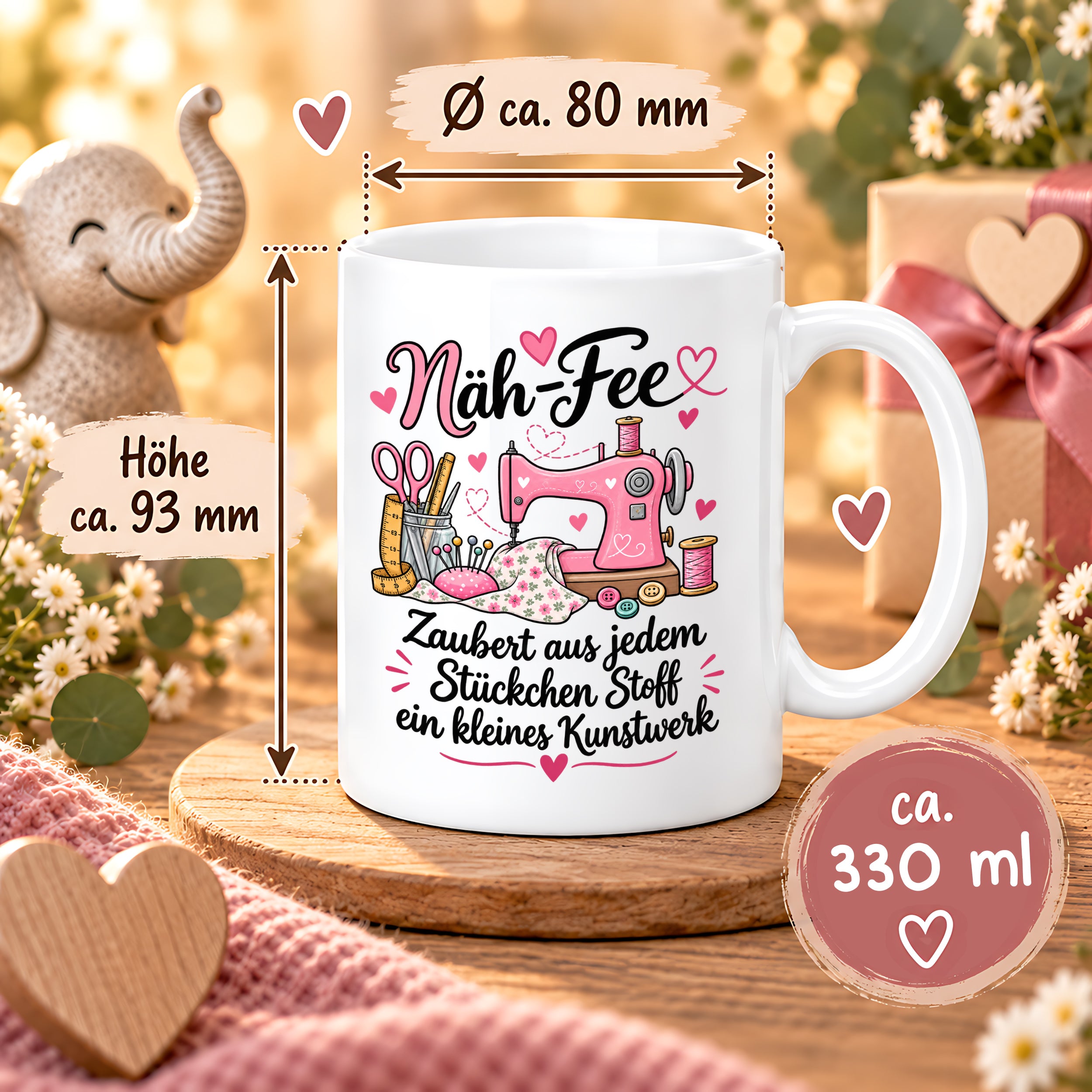Näh-Fee Tasse Nähen Geschenk 330 ml Keramiktasse für Näherin Schneiderin Hobby Nähen Geburtstag Weihnachten