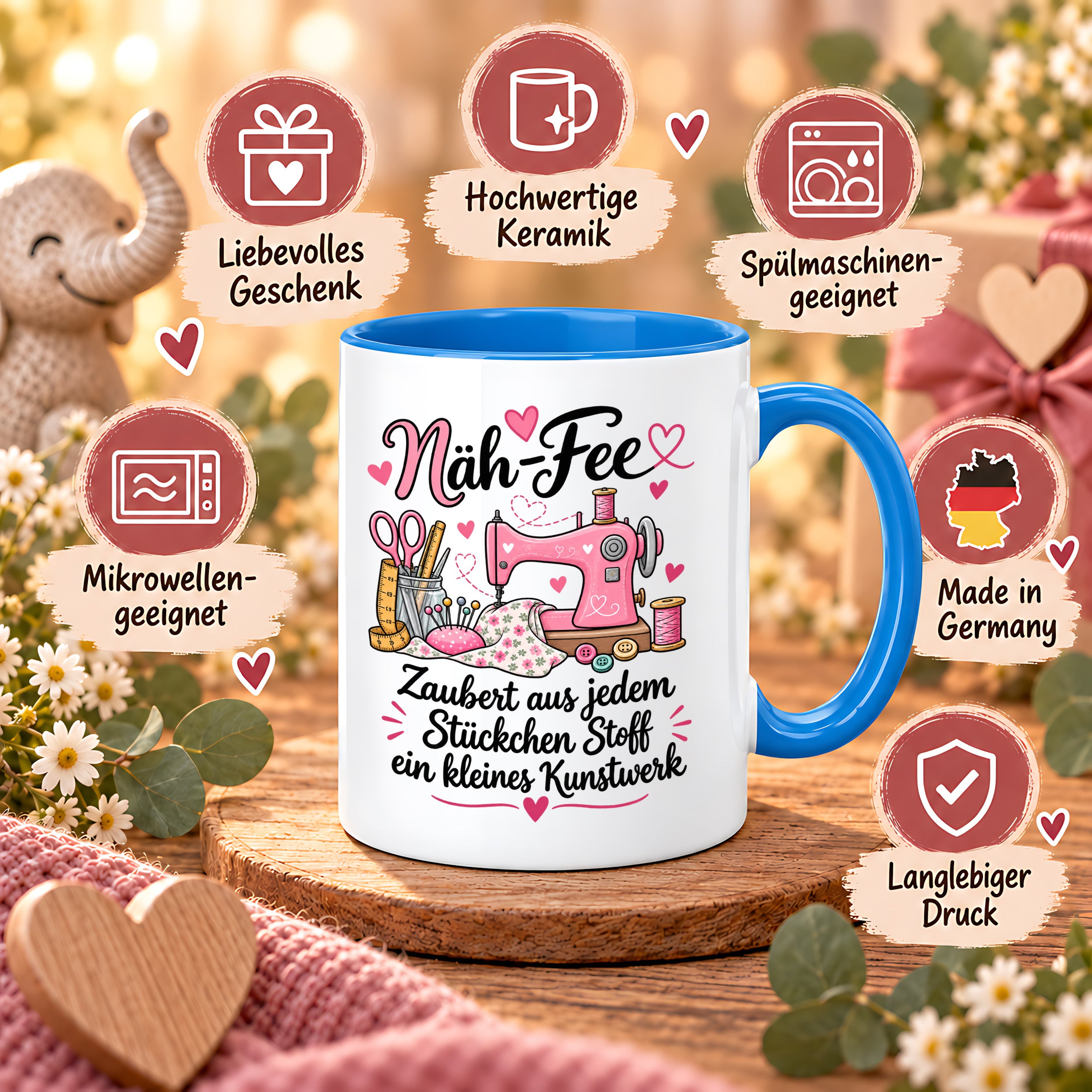 Näh-Fee Tasse Nähen Geschenk 330 ml Keramiktasse für Näherin Schneiderin Hobby Nähen Geburtstag Weihnachten