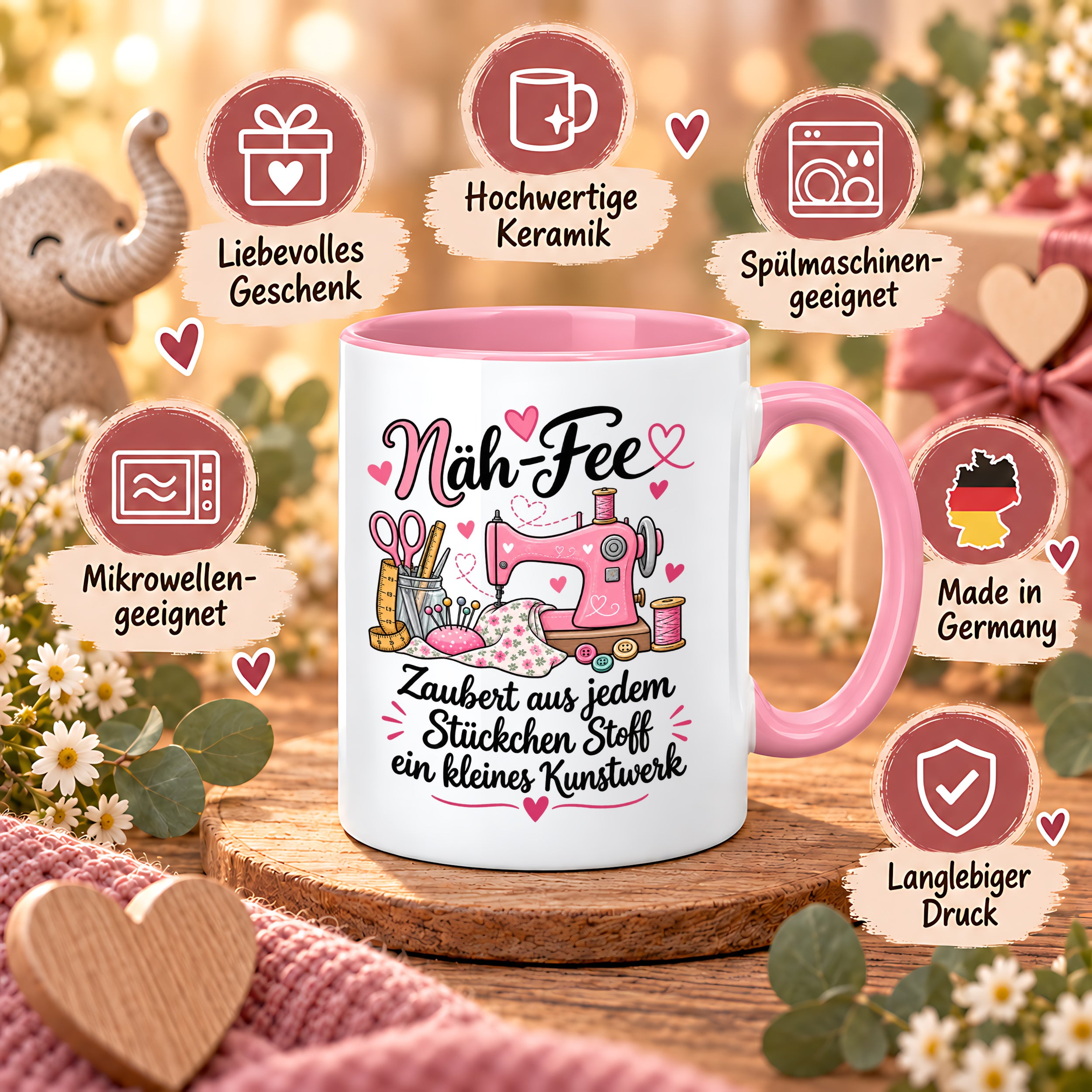 Näh-Fee Tasse Nähen Geschenk 330 ml Keramiktasse für Näherin Schneiderin Hobby Nähen Geburtstag Weihnachten