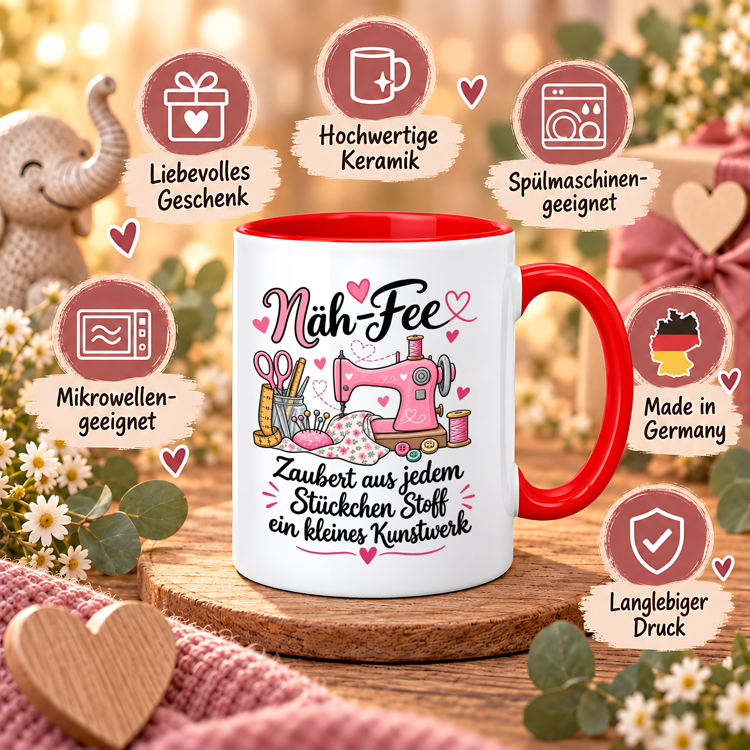 Näh-Fee Tasse Nähen Geschenk 330 ml Keramiktasse für Näherin Schneiderin Hobby Nähen Geburtstag Weihnachten