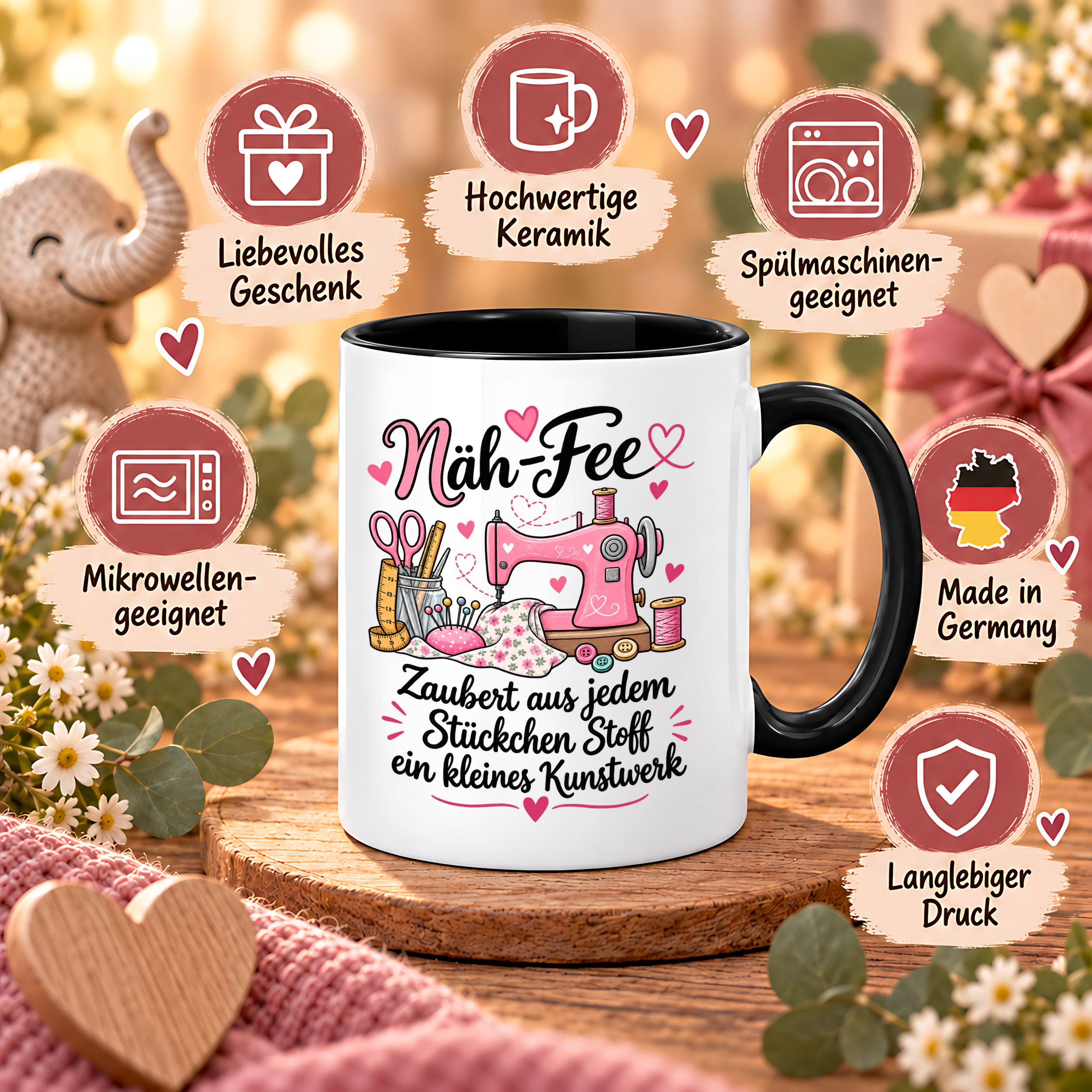 Näh-Fee Tasse Nähen Geschenk 330 ml Keramiktasse für Näherin Schneiderin Hobby Nähen Geburtstag Weihnachten