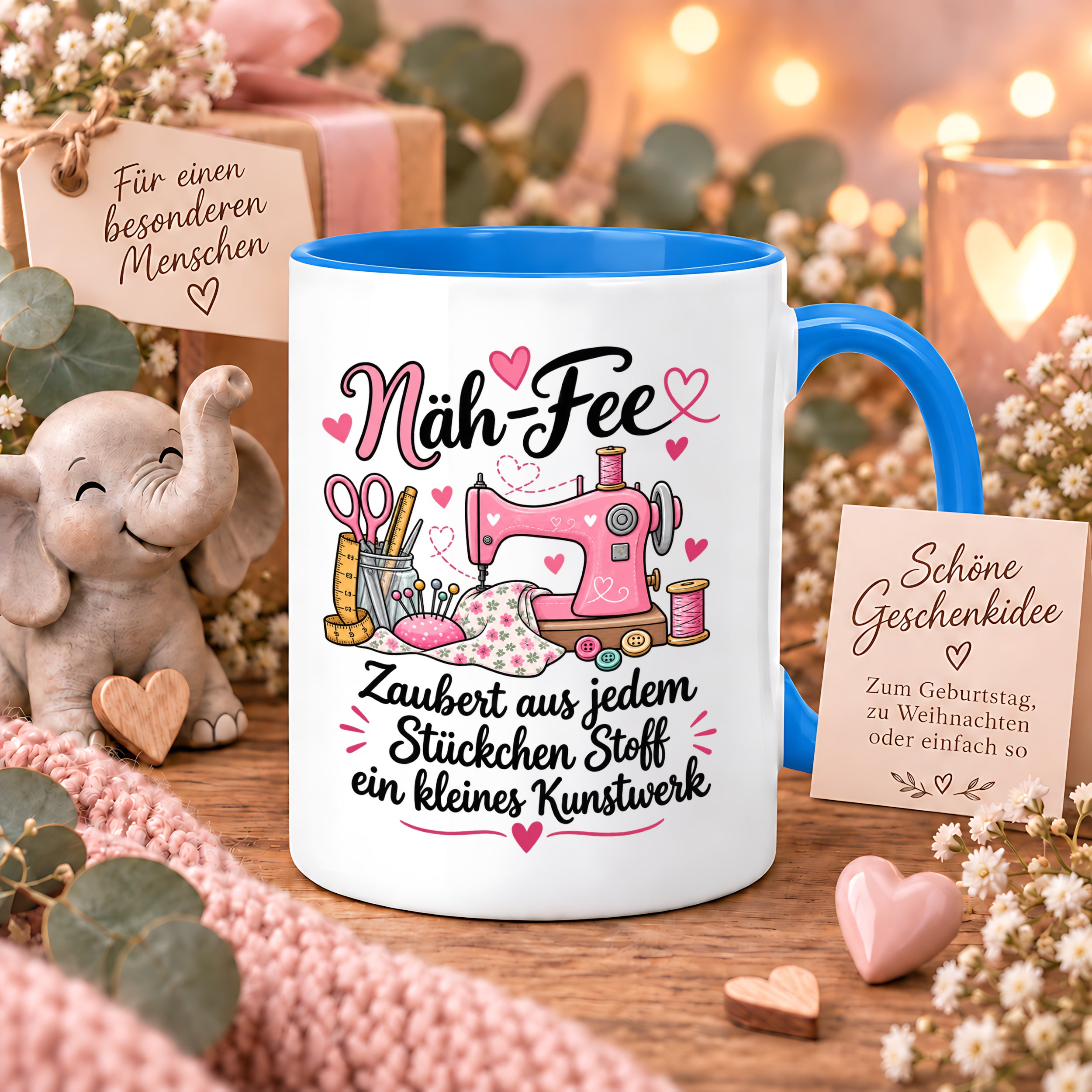 Näh-Fee Tasse Nähen Geschenk 330 ml Keramiktasse für Näherin Schneiderin Hobby Nähen Geburtstag Weihnachten