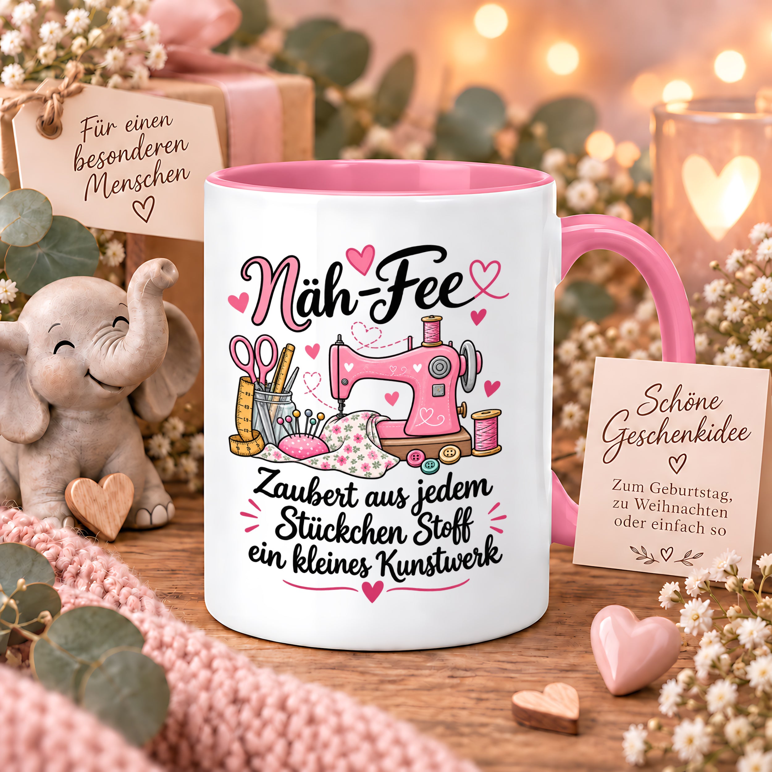 Näh-Fee Tasse Nähen Geschenk 330 ml Keramiktasse für Näherin Schneiderin Hobby Nähen Geburtstag Weihnachten