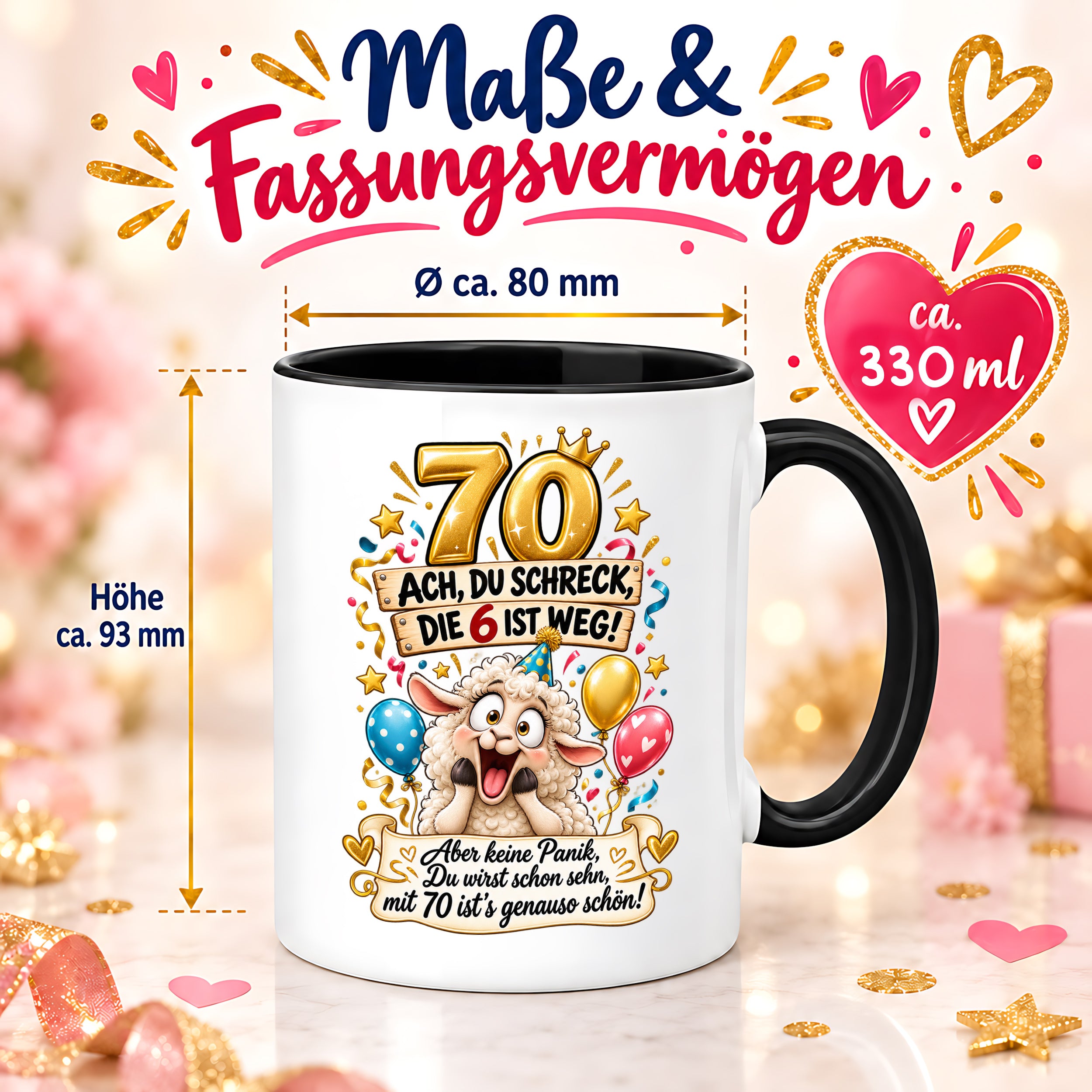 Tasse 70 Geburtstag Ach du Schreck lustiger Spruch Hund Geschenk für Frauen Männer Geburtstagsparty Kaffeetasse 330 ml
