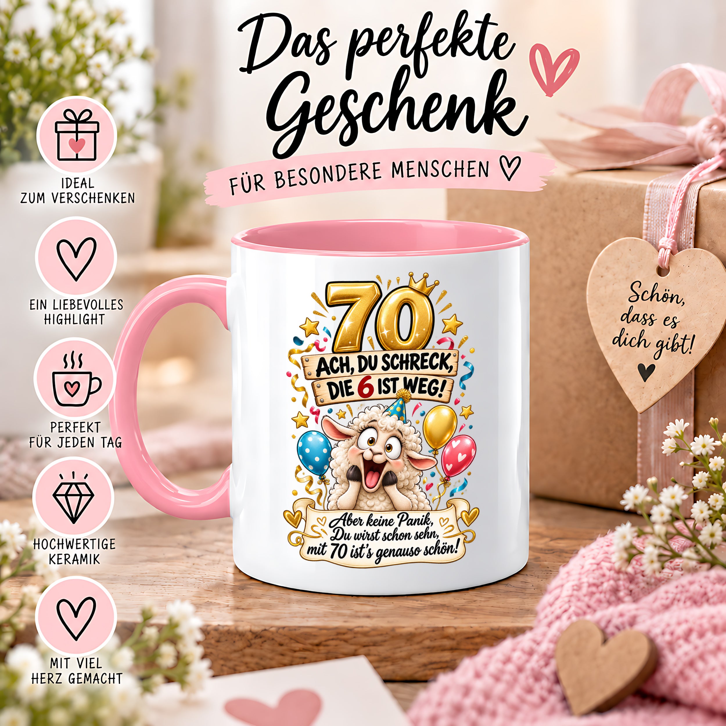 Tasse 70 Geburtstag Ach du Schreck lustiger Spruch Hund Geschenk für Frauen Männer Geburtstagsparty Kaffeetasse 330 ml