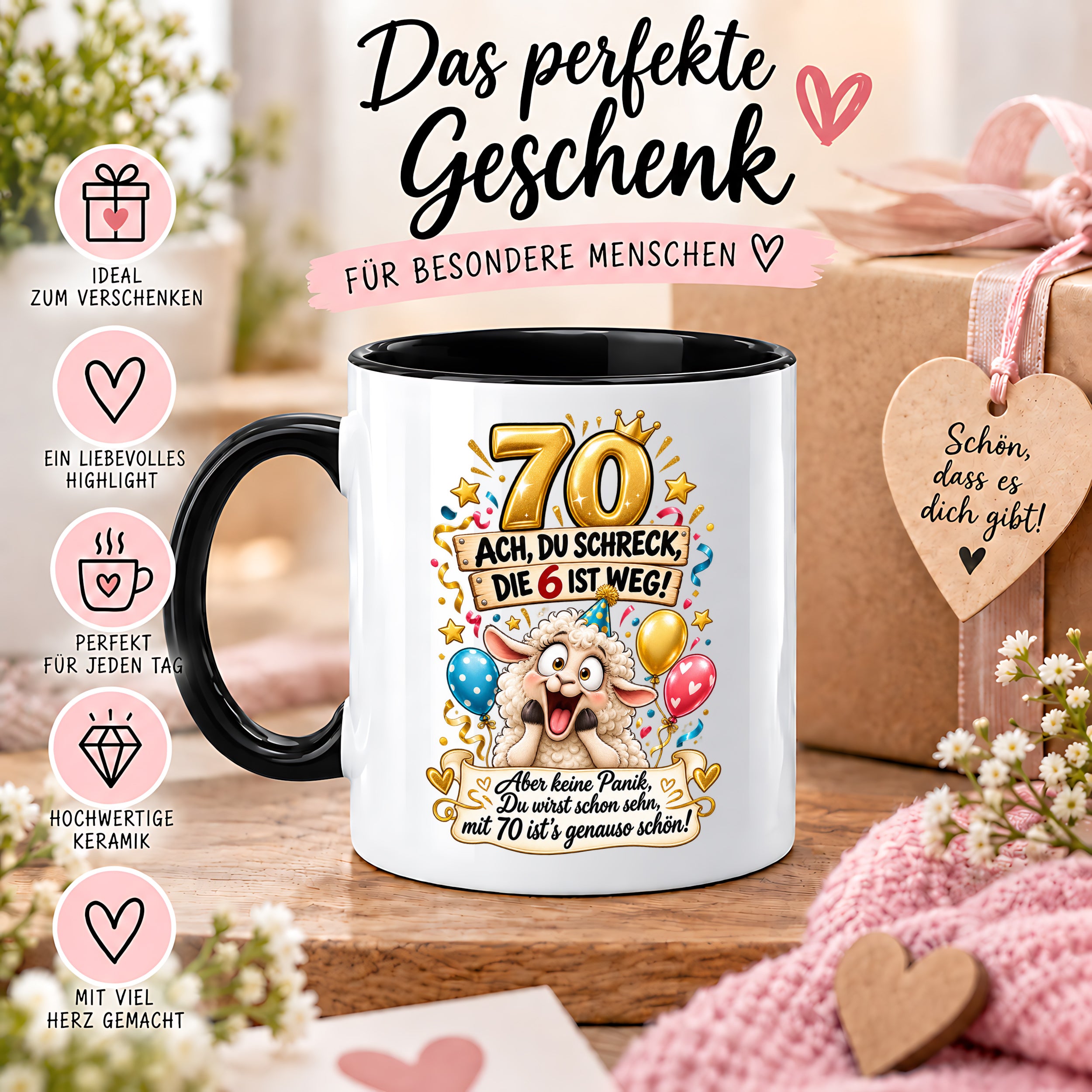 Tasse 70 Geburtstag Ach du Schreck lustiger Spruch Hund Geschenk für Frauen Männer Geburtstagsparty Kaffeetasse 330 ml