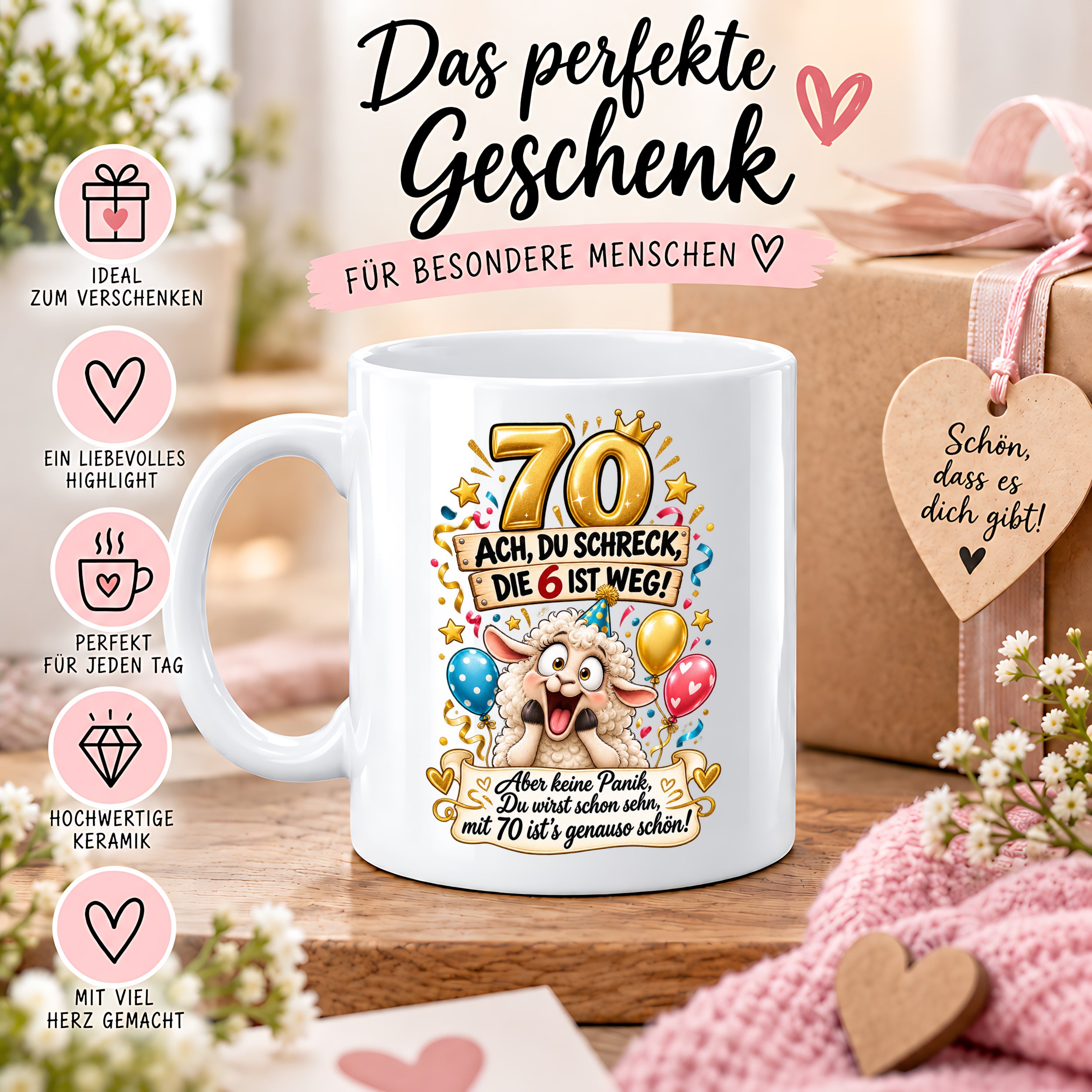 Tasse 70 Geburtstag Ach du Schreck lustiger Spruch Hund Geschenk für Frauen Männer Geburtstagsparty Kaffeetasse 330 ml