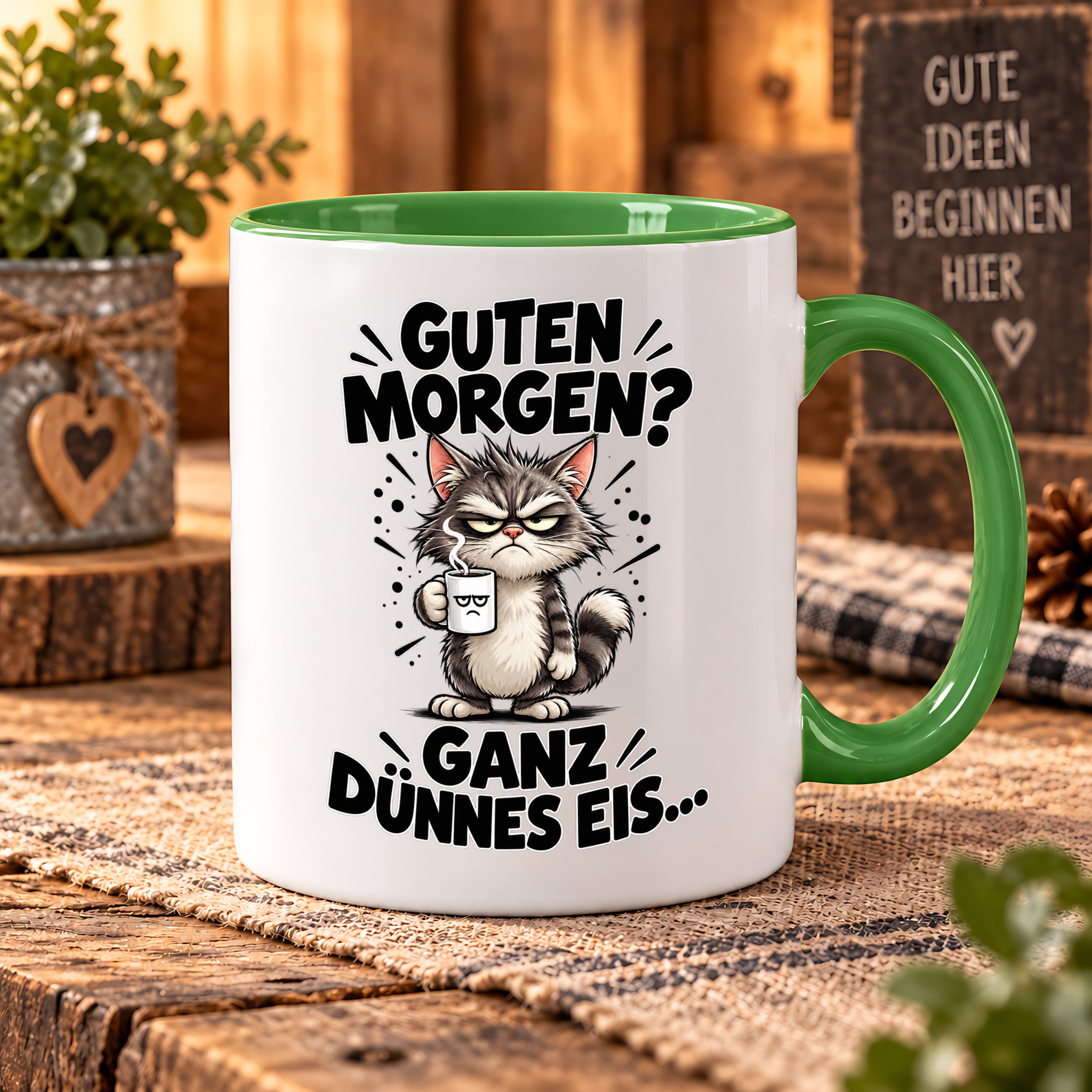 Tasse Guten Morgen Ganz dünnes Eis lustiger Katzen Spruch Morgenmuffel Geschenk Büro Kollegen Geburtstag 330 ml