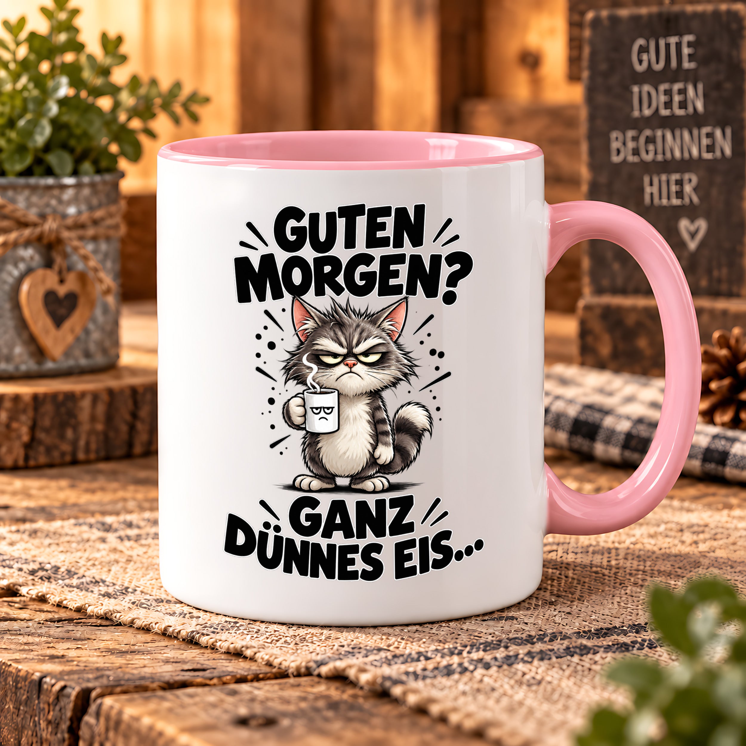 Tasse Guten Morgen Ganz dünnes Eis lustiger Katzen Spruch Morgenmuffel Geschenk Büro Kollegen Geburtstag 330 ml