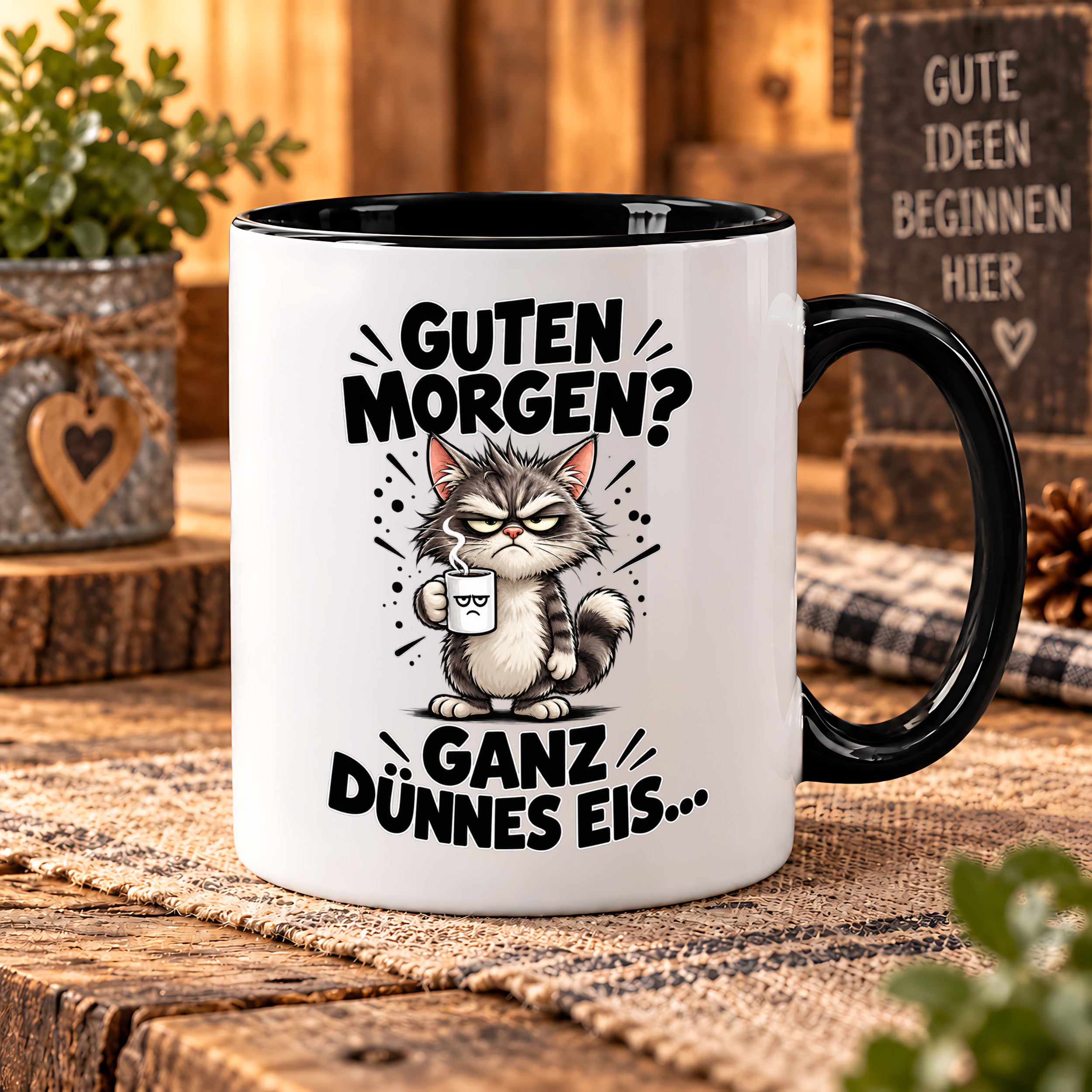 Tasse Guten Morgen Ganz dünnes Eis lustiger Katzen Spruch Morgenmuffel Geschenk Büro Kollegen Geburtstag 330 ml