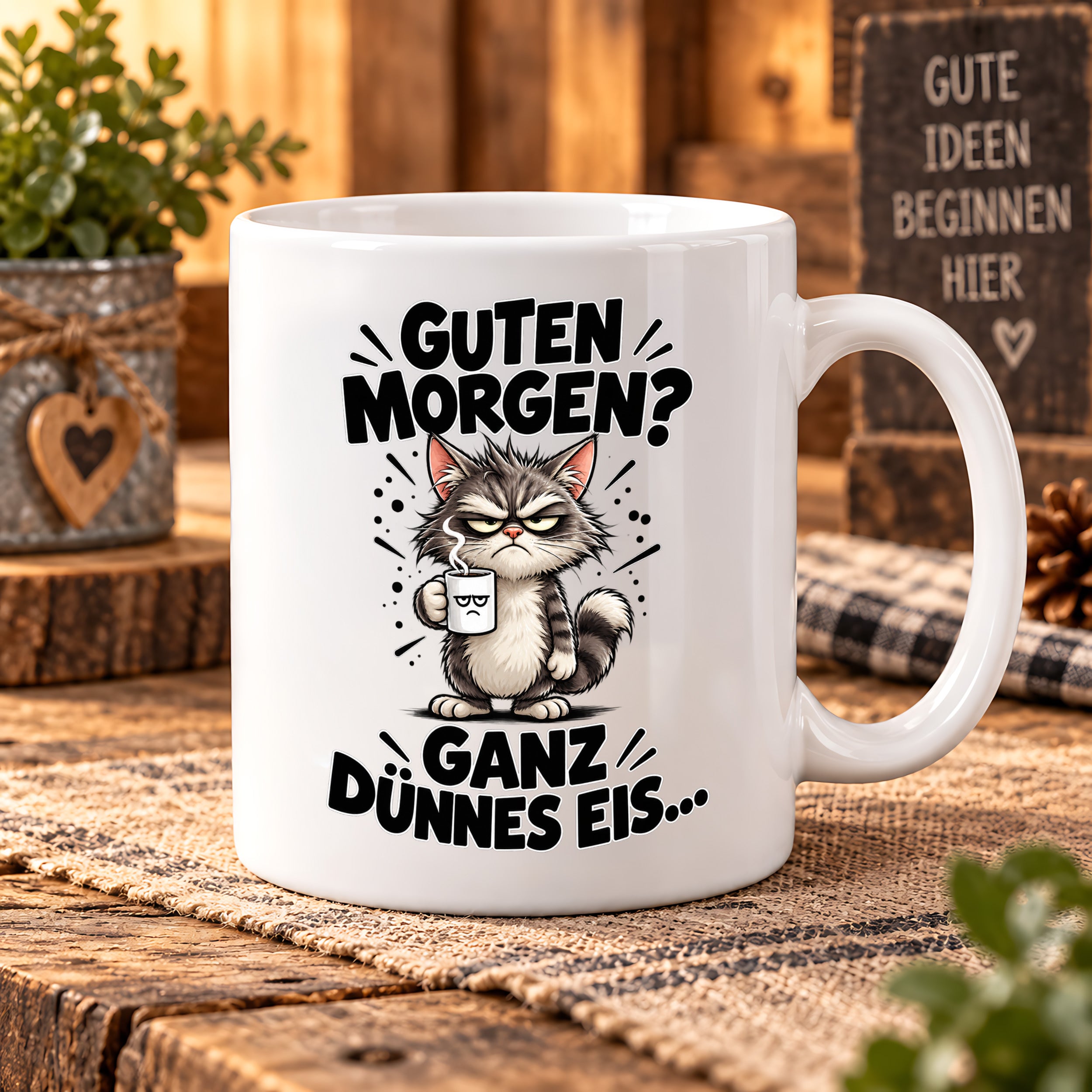 Tasse Guten Morgen Ganz dünnes Eis lustiger Katzen Spruch Morgenmuffel Geschenk Büro Kollegen Geburtstag 330 ml